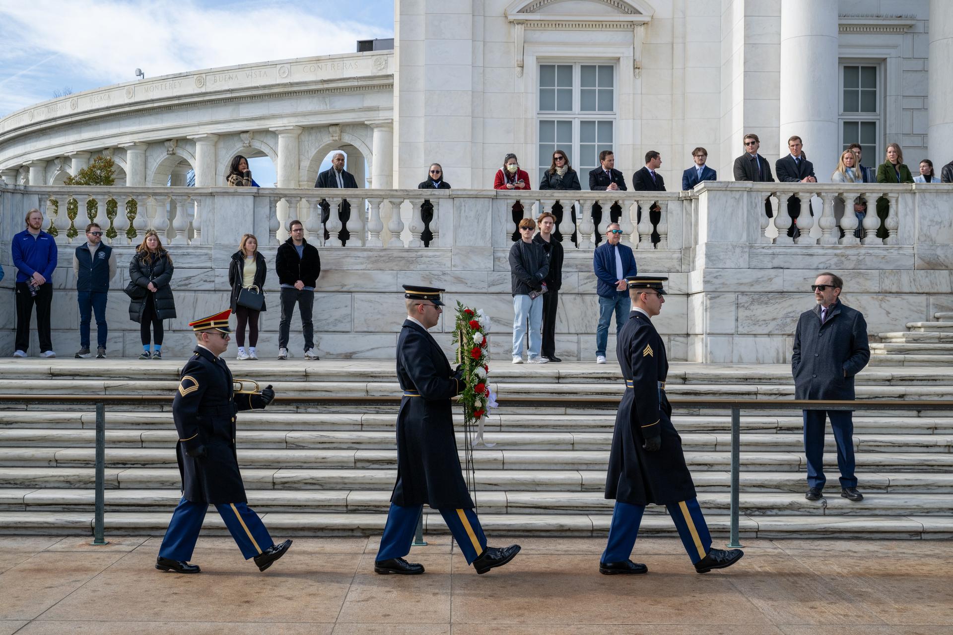 Members of The Old Guard, 3rd U.S. Infantry Regiment carry a wreath that will be laid at the Tomb of the Unknowns by NASA Administrator Jared Isaacman as part of NASA's Day of Remembrance, Thursday, Jan. 22, 2026, at Arlington National Cemetery in Arlington, Va. Wreaths were laid in memory of those men and women who lost their lives in the quest for space exploration. Photo Credit: (NASA/Keegan Barber)
