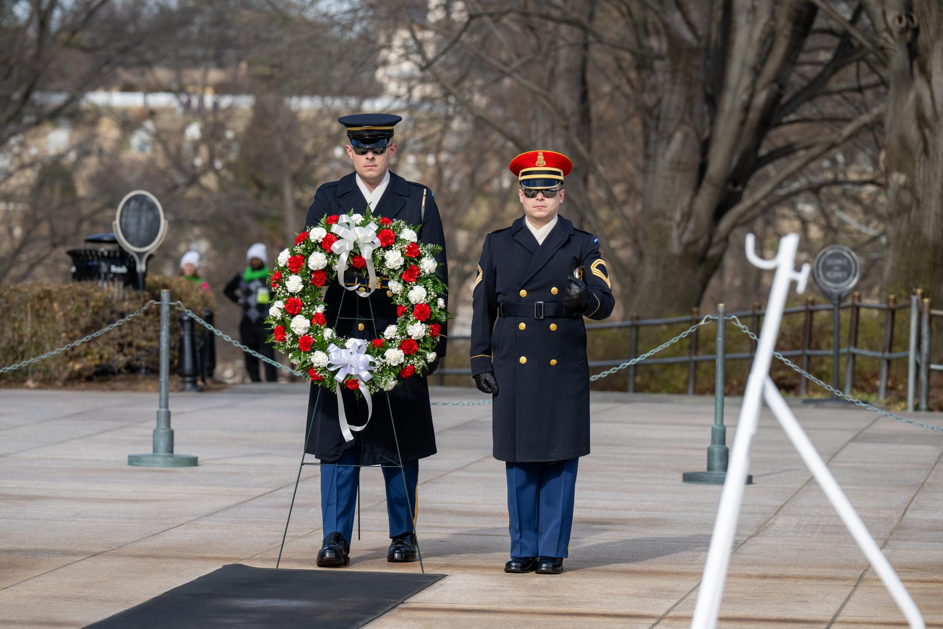 Members of The Old Guard, 3rd U.S. Infantry Regiment are seen with a wreath that will be laid at the Tomb of the Unknowns by NASA Administrator Jared Isaacman as part of NASA's Day of Remembrance, Thursday, Jan. 22, 2026, at Arlington National Cemetery in Arlington, Va. Wreaths were laid in memory of those men and women who lost their lives in the quest for space exploration. Photo Credit: (NASA/Keegan Barber)