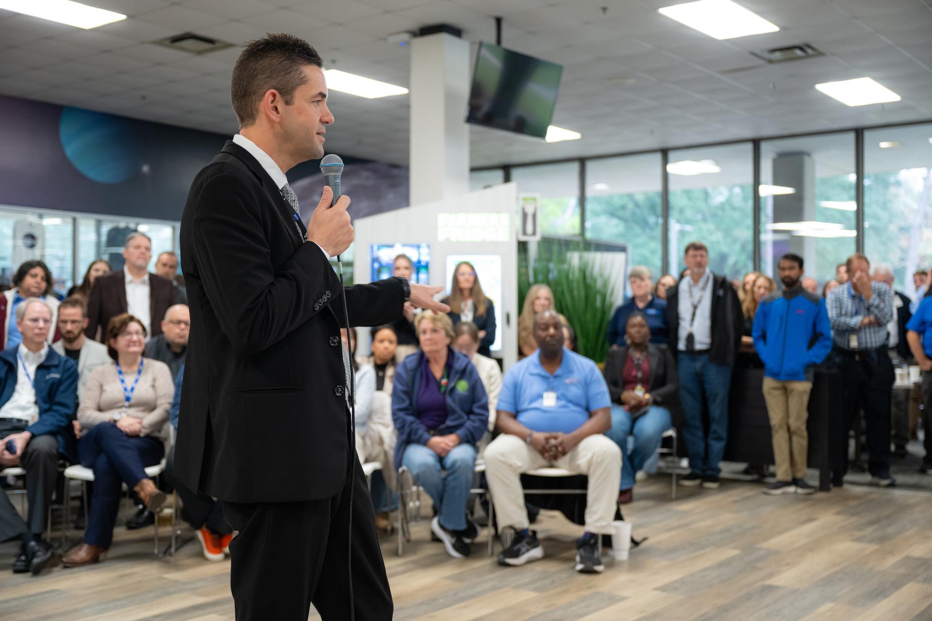 NASA Administrator Jared Isaacman speaks during a workforce Q&A session, Friday, Jan. 23, 2026, at NASA’s Johnson Space Center in Houston, Texas. Johnson marks the seventh stop in Isaacman’s roadshow to visit NASA facilities and engage directly with the agency’s workforce. Photo Credit: (NASA/John Kraus)