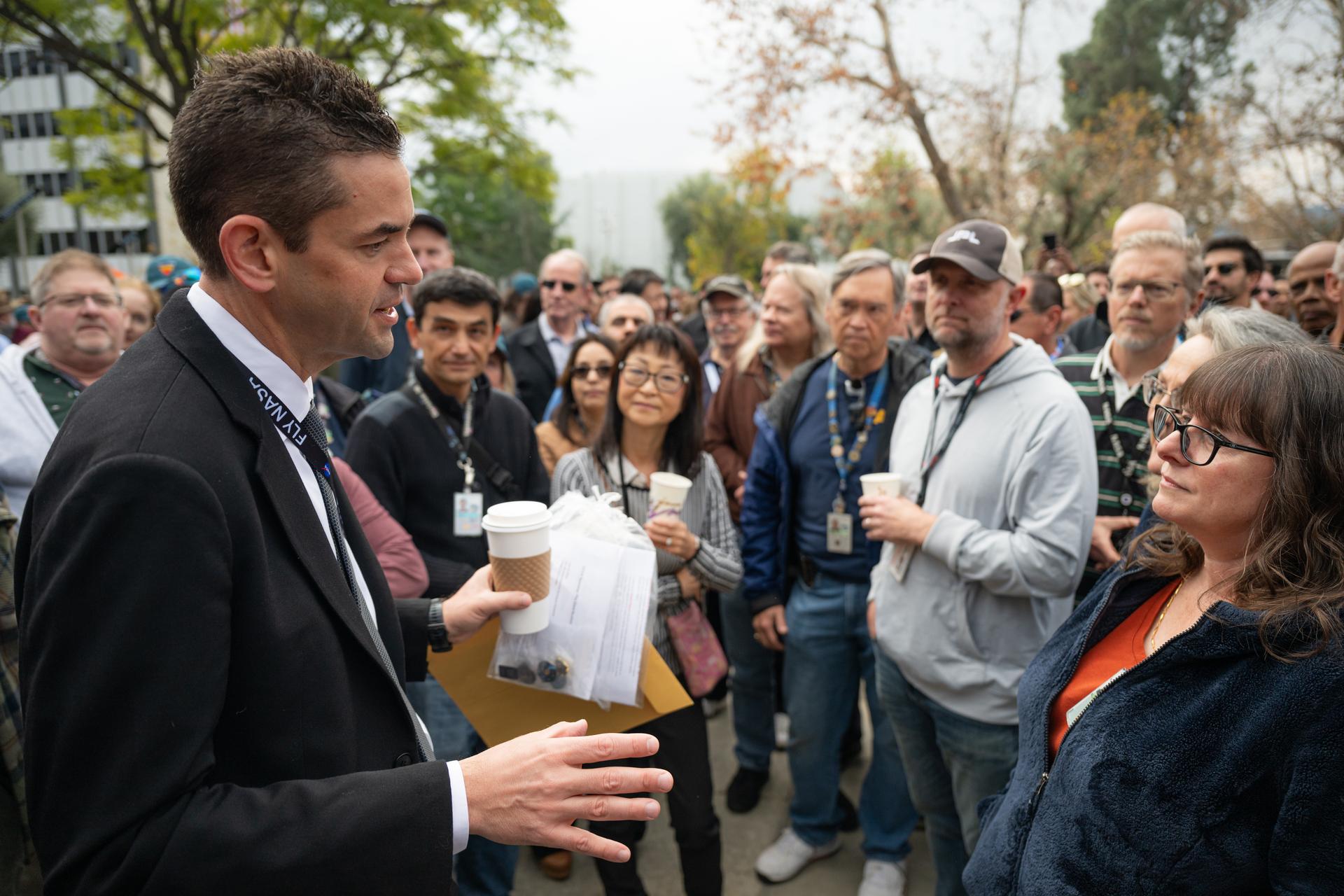 NASA Administrator Jared Isaacman, right, greets members of the workforce, Saturday, Jan. 24, 2026, at NASA’s Jet Propulsion Laboratory (JPL) in Pasadena, Calif. JPL marks the eighth stop in Isaacman’s roadshow to visit NASA facilities and engage directly with the agency’s workforce. Photo Credit: (NASA/John Kraus)