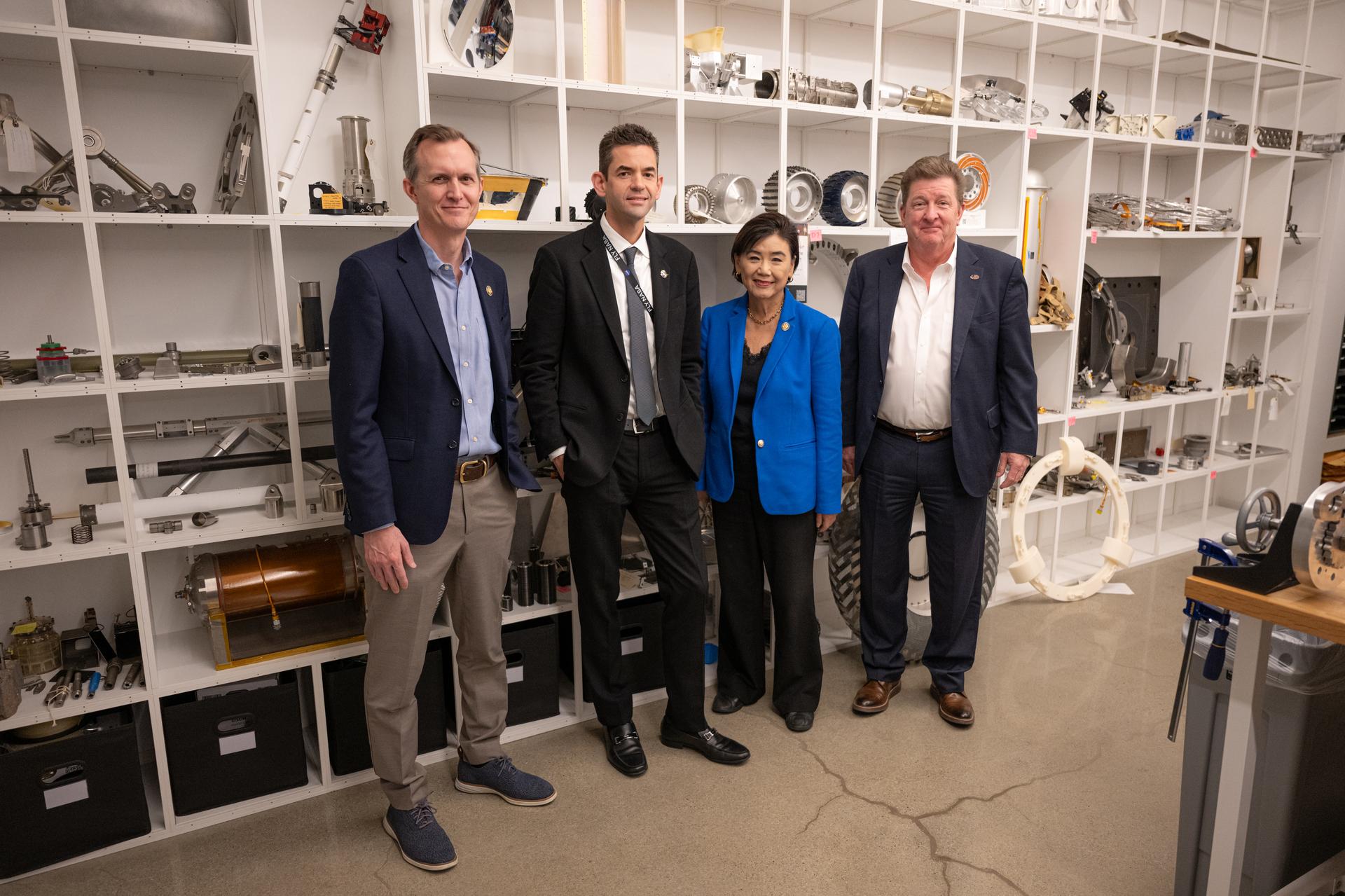 NASA Administrator Jared Isaacman, second from left; Rep. George Whitesides of California’s 27th congressional district, left; Rep. Judy Chu of California’s 28th congressional district, third from left; and Dave Gallagher, director of NASA’s Jet Propulsion Laboratory, right, pose for a photograph in the Maker Center at JPL, Saturday, Jan. 24, 2026, in Pasadena, Calif. Photo Credit: (NASA/John Kraus)