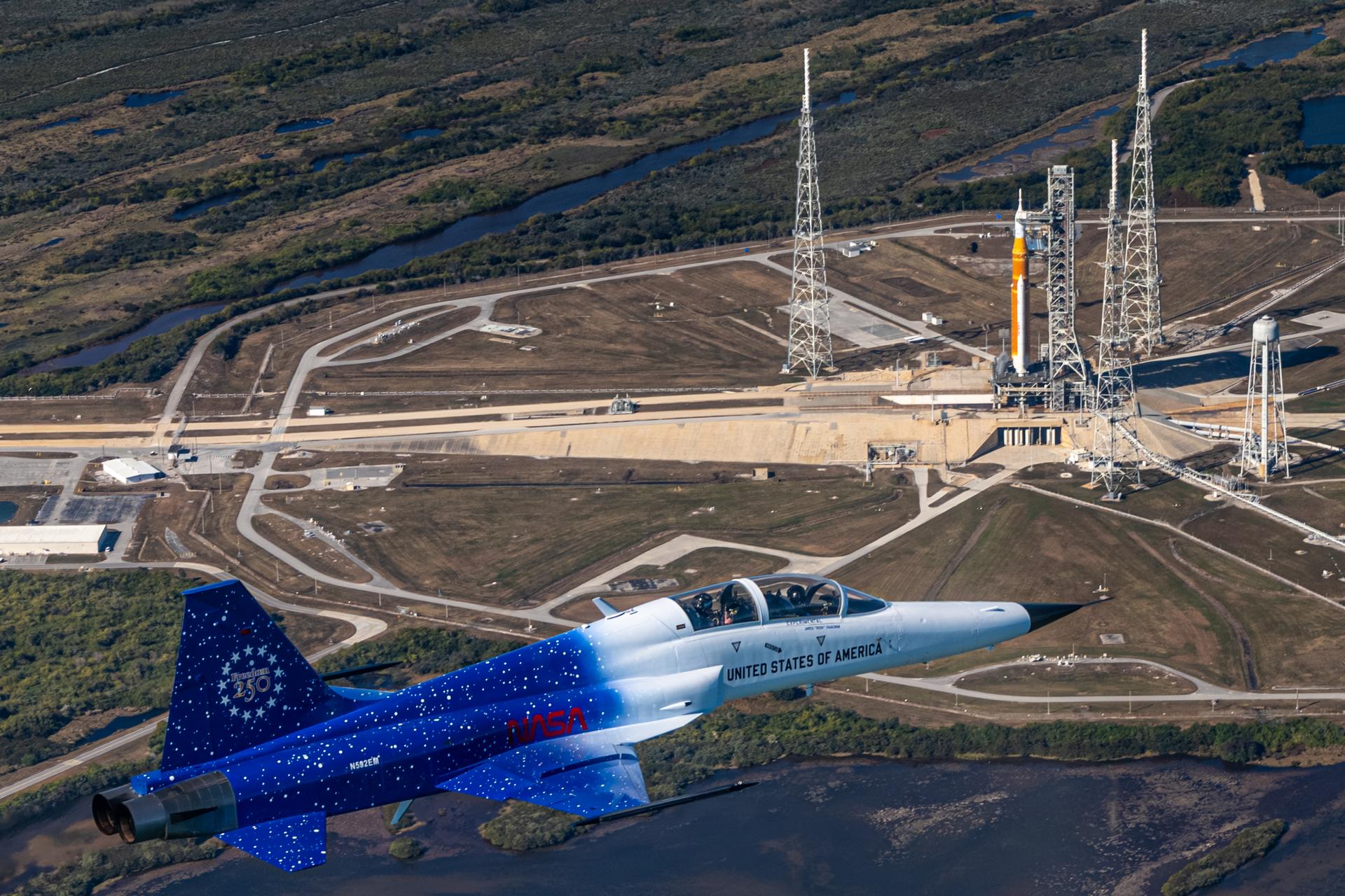 NASA Administrator Jared Isaacman flies in his personal F-5 aircraft, Monday, Feb. 2, 2026, at NASA’s Kennedy Space Center in Florida. Isaacman was joined by Secretary of War Pete Hegseth in the back seat for a flight around Launch Complex 39B, the Vehicle Assembly Building, and surrounding areas at Kennedy. Photo Credit: (NASA/John Kraus)