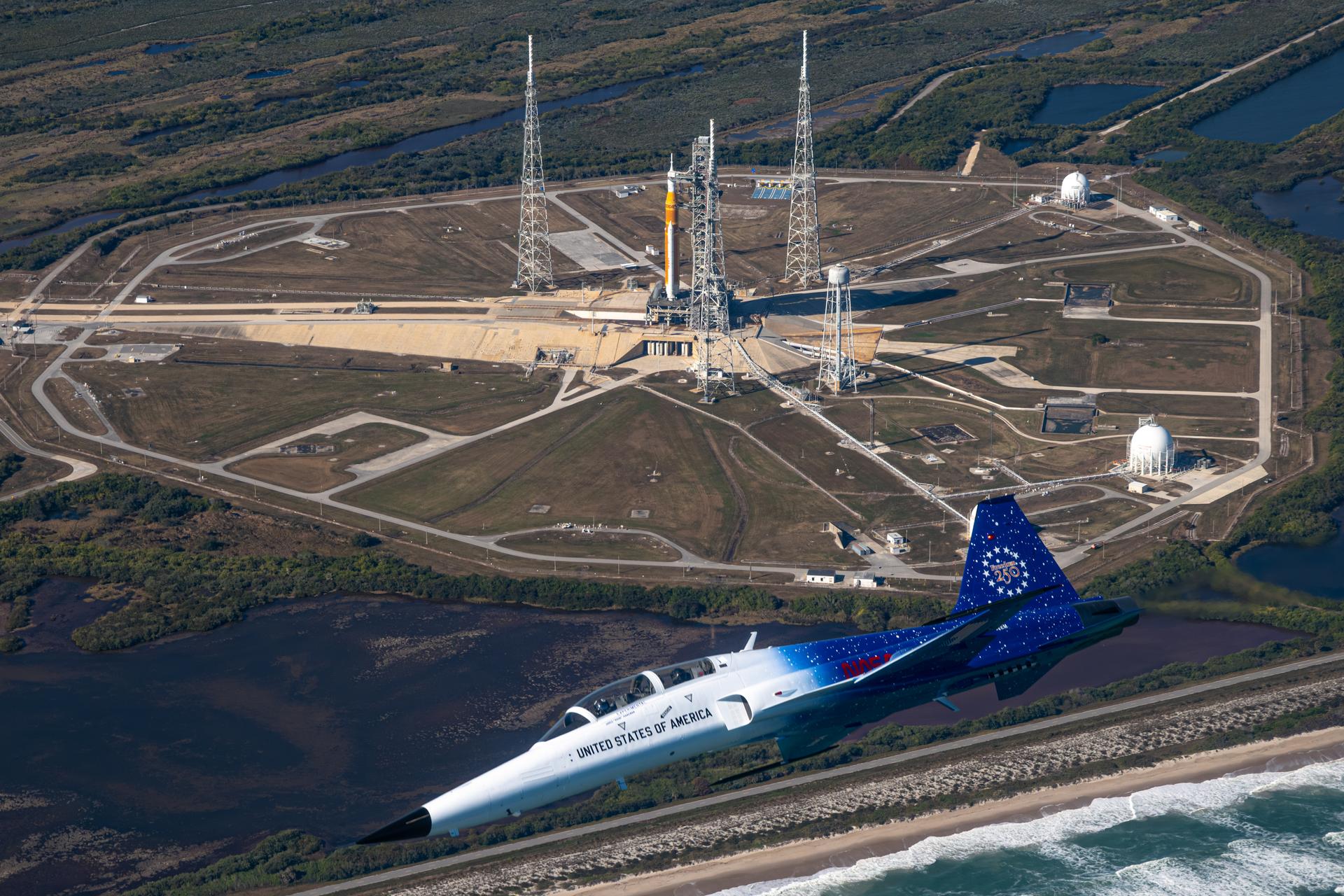 NASA Administrator Jared Isaacman flies in his personal F-5 aircraft, Monday, Feb. 2, 2026, at NASA’s Kennedy Space Center in Florida. Isaacman was joined by Secretary of War Pete Hegseth in the back seat for a flight around Launch Complex 39B, the Vehicle Assembly Building, and surrounding areas at Kennedy. Photo Credit: (NASA/John Kraus)