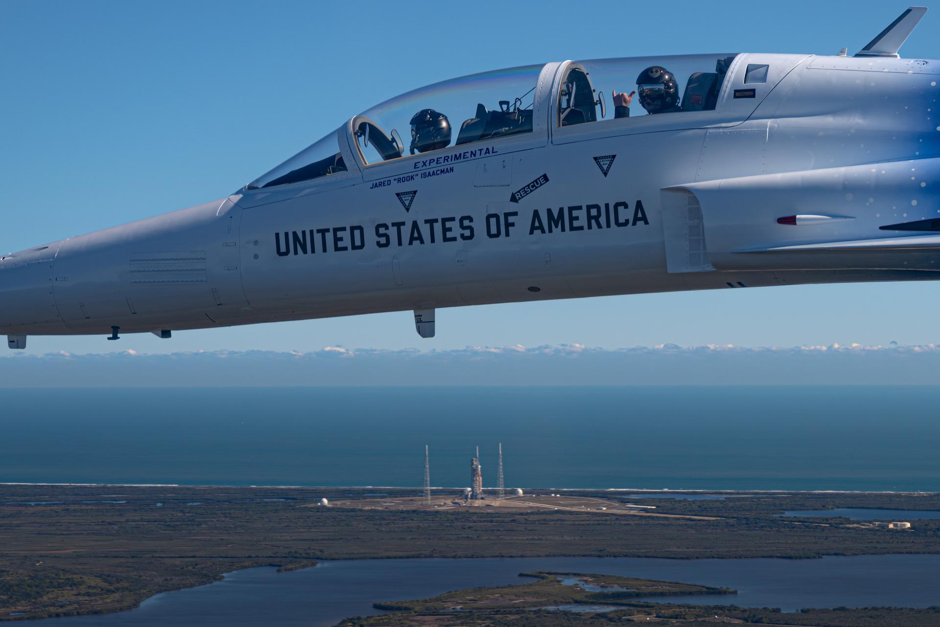 NASA Administrator Jared Isaacman flies in his personal F-5 aircraft, Monday, Feb. 2, 2026, at NASA’s Kennedy Space Center in Florida. Isaacman was joined by Secretary of War Pete Hegseth in the back seat for a flight around Launch Complex 39B, the Vehicle Assembly Building, and surrounding areas at Kennedy. Photo Credit: (NASA/John Kraus)