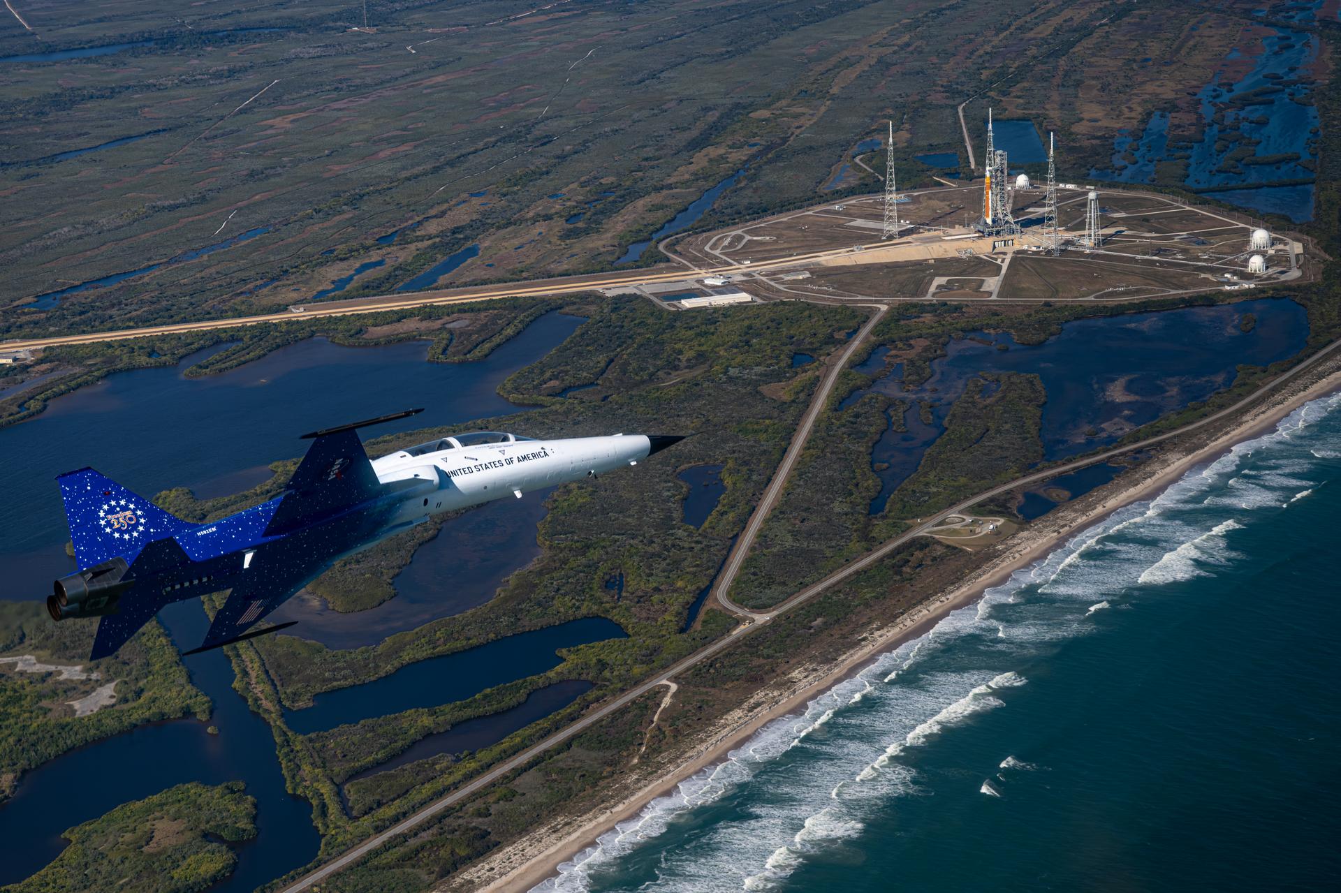 NASA Administrator Jared Isaacman flies in his personal F-5 aircraft, Monday, Feb. 2, 2026, at NASA’s Kennedy Space Center in Florida. Isaacman was joined by Secretary of War Pete Hegseth in the back seat for a flight around Launch Complex 39B, the Vehicle Assembly Building, and surrounding areas at Kennedy. Photo Credit: (NASA/John Kraus)