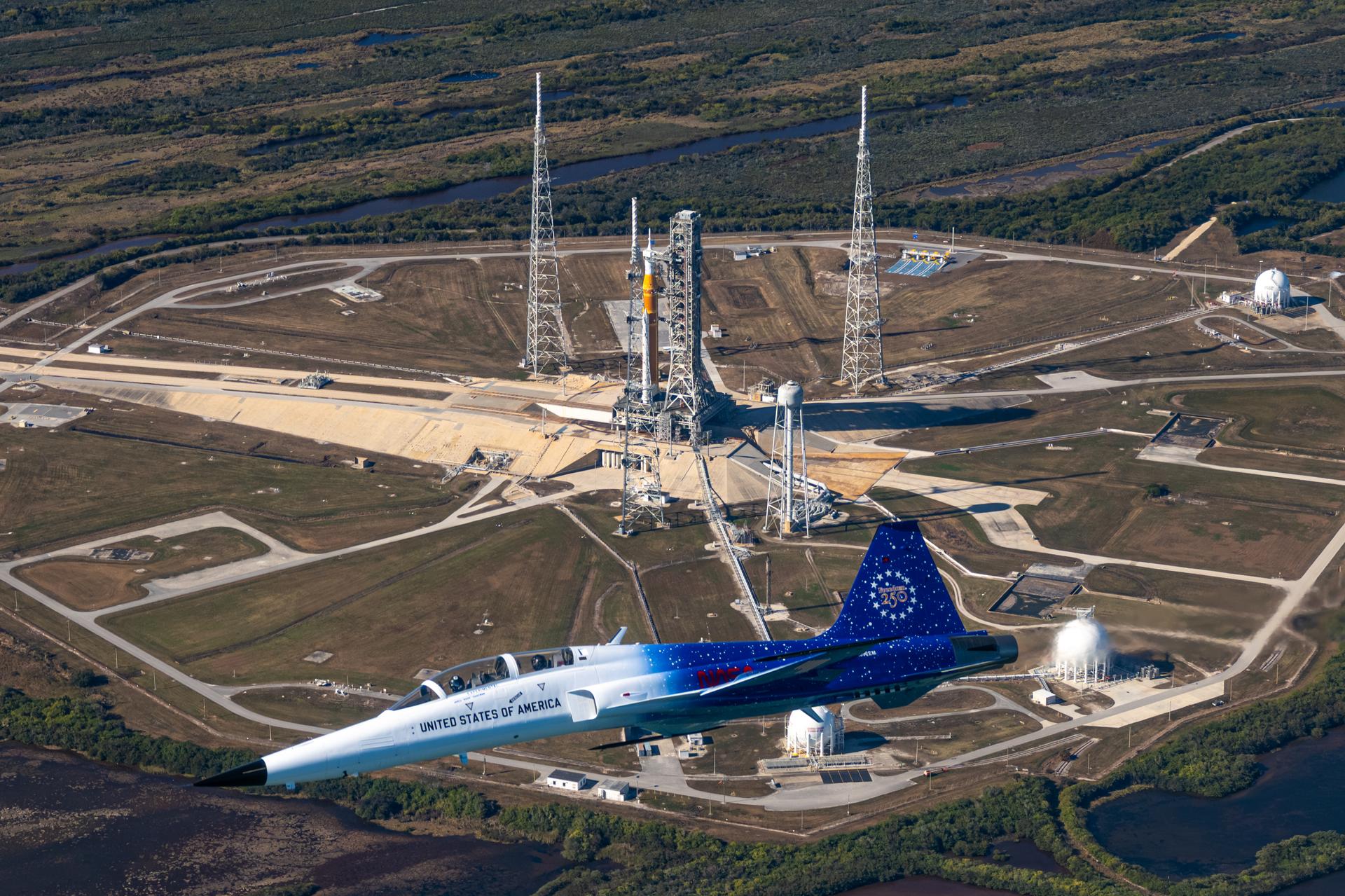NASA Administrator Jared Isaacman flies in his personal F-5 aircraft, Monday, Feb. 2, 2026, at NASA’s Kennedy Space Center in Florida. Isaacman was joined by Secretary of War Pete Hegseth in the back seat for a flight around Launch Complex 39B, the Vehicle Assembly Building, and surrounding areas at Kennedy. Photo Credit: (NASA/John Kraus)