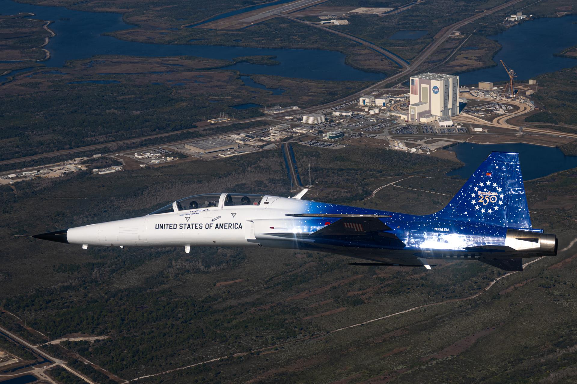 NASA Administrator Jared Isaacman flies in his personal F-5 aircraft, Monday, Feb. 2, 2026, at NASA’s Kennedy Space Center in Florida. Isaacman was joined by Secretary of War Pete Hegseth in the back seat for a flight around Launch Complex 39B, the Vehicle Assembly Building, and surrounding areas at Kennedy. Photo Credit: (NASA/John Kraus)