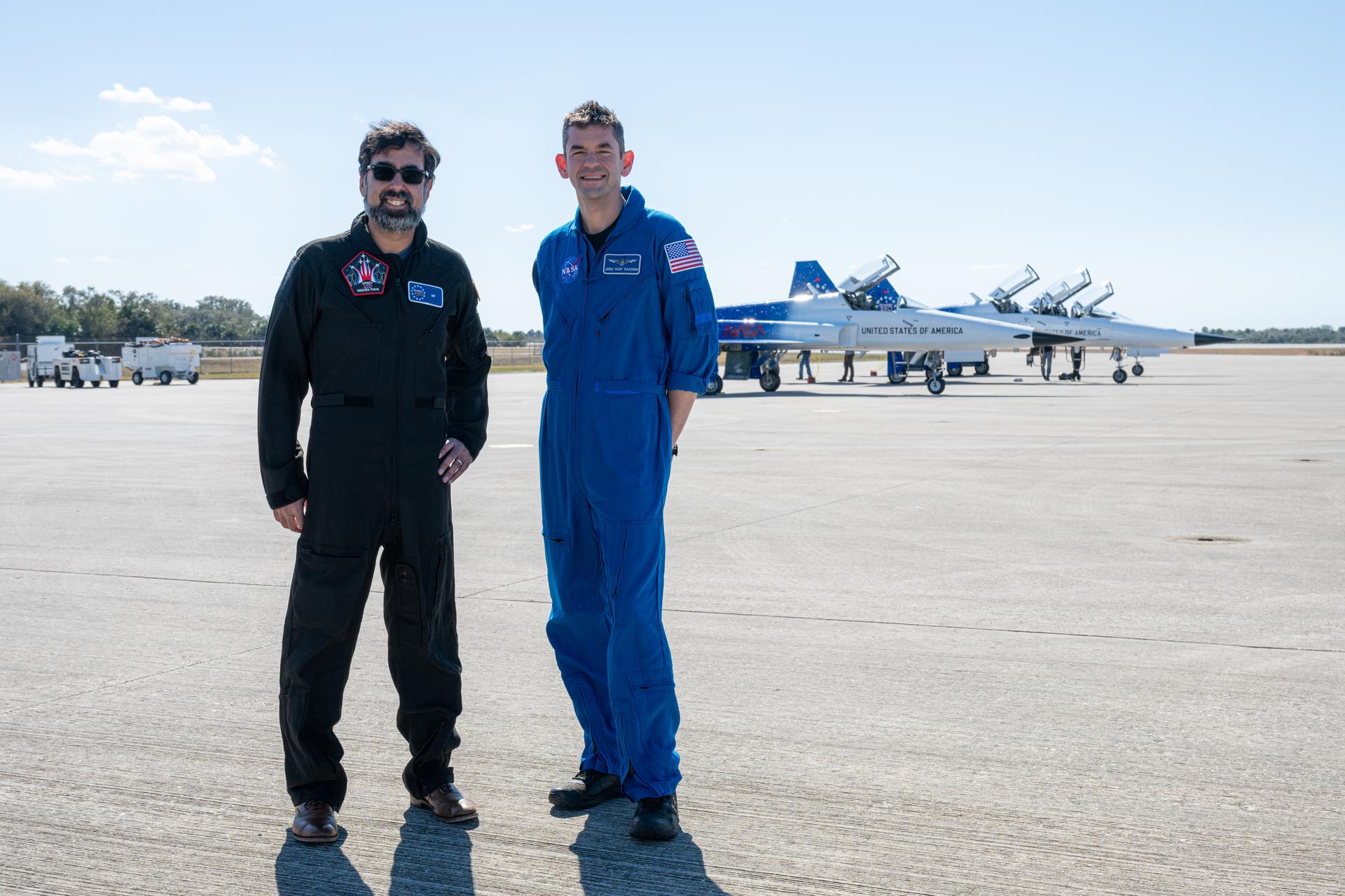 NASA Administrator Jared Isaacman and Amit Kshatriya, NASA associate administrator, pose for a photograph following a formation flight in Isaacman’s personal F-5 aircraft, Sunday, Feb. 8, 2026, at NASA’s Kennedy Space Center in Florida. Photo Credit: (NASA/John Kraus)