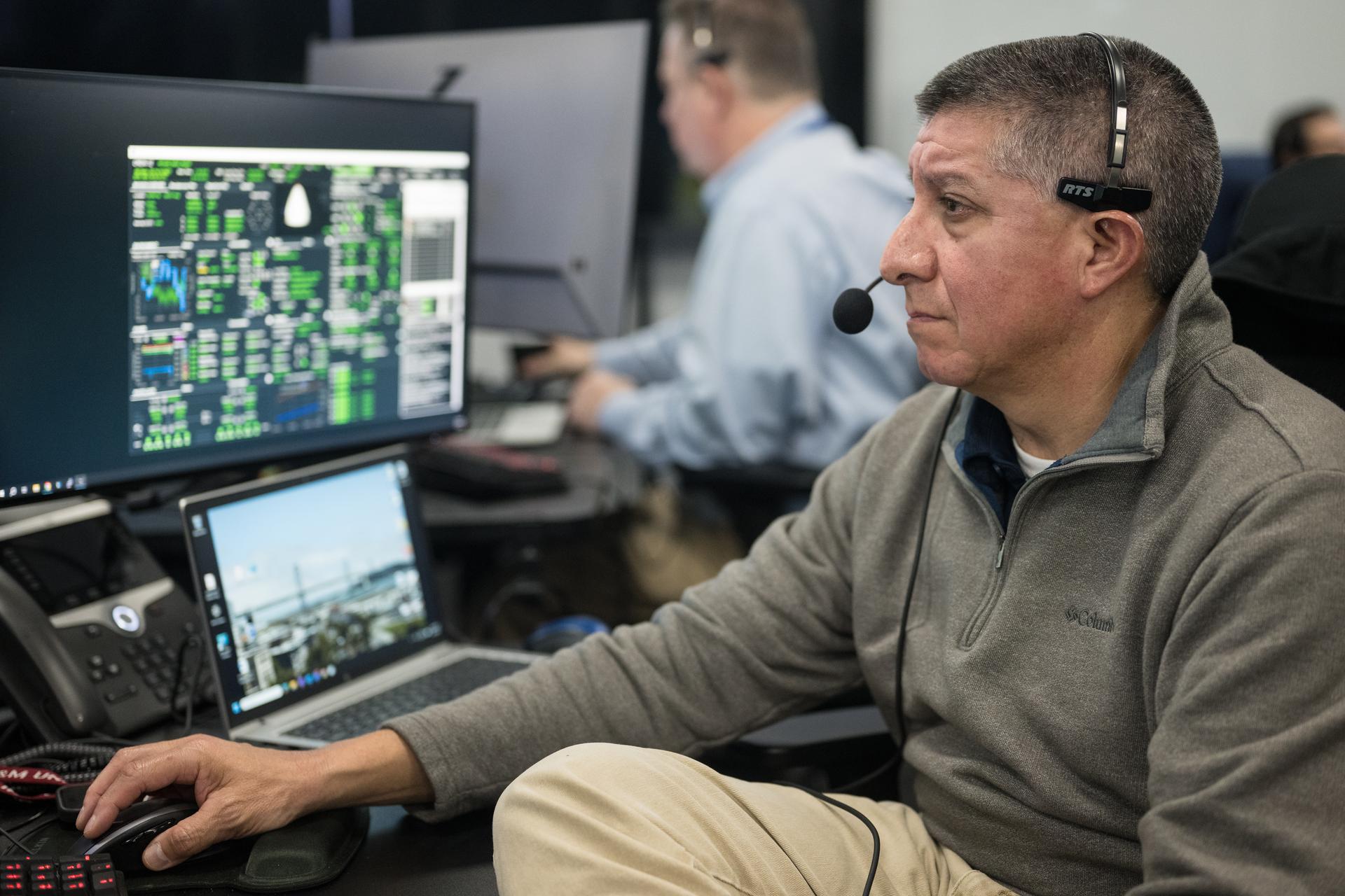 Richard Jones, manager of the Mission Management and Integration Office for NASA's Commercial Crew Program monitors the countdown during a dress rehearsal in preparation for the launch of a SpaceX Falcon 9 rocket carrying the company's Dragon spacecraft on NASA’s SpaceX Crew-12 mission with NASA astronauts Jessica Meir, Jack Hathaway, ESA (European Space Agency) astronaut Sophie Adenot, and Roscosmos cosmonaut Andrey Fedyaev onboard, Monday, Feb. 9, 2026, in the control room of SpaceX’s HangarX at NASA’s Kennedy Space Center in Florida. NASA’s SpaceX Crew-12 mission is the twelfth crew rotation mission of the SpaceX Dragon spacecraft and Falcon 9 rocket to the International Space Station as part of the agency’s Commercial Crew Program. Meir, Hathaway, Adenot, and Fedyaev will launch from Space Launch Complex 40 at the Cape Canaveral Space Force Station. Photo Credit: (NASA/Aubrey Gemignani)