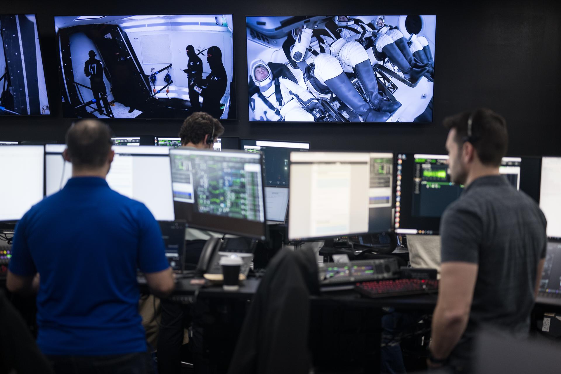 Teams monitor the countdown during a dress rehearsal in preparation for the launch of a SpaceX Falcon 9 rocket carrying the company's Dragon spacecraft on NASA’s SpaceX Crew-12 mission with NASA astronauts Jessica Meir, Jack Hathaway, ESA (European Space Agency) astronaut Sophie Adenot, and Roscosmos cosmonaut Andrey Fedyaev onboard, Monday, Feb. 9, 2026, in the control room of SpaceX’s HangarX at NASA’s Kennedy Space Center in Florida. NASA’s SpaceX Crew-12 mission is the twelfth crew rotation mission of the SpaceX Dragon spacecraft and Falcon 9 rocket to the International Space Station as part of the agency’s Commercial Crew Program. Meir, Hathaway, Adenot, and Fedyaev will launch from Space Launch Complex 40 at the Cape Canaveral Space Force Station. Photo Credit: (NASA/Aubrey Gemignani)