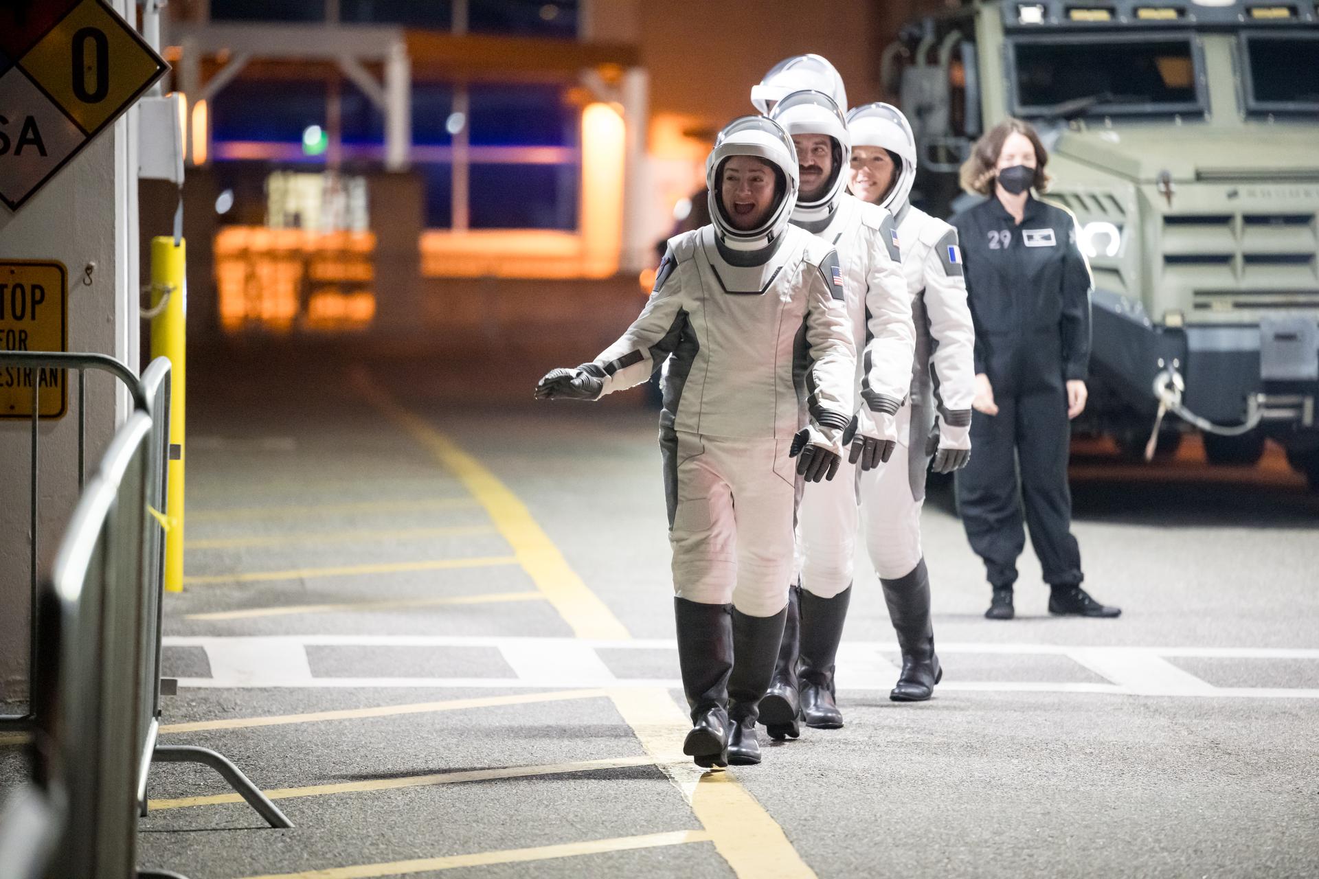 From left to right, NASA astronauts Jessica Meir, Jack Hathaway, ESA (European Space Agency) astronaut Sophie Adenot, and Roscosmos cosmonaut Andrey Fedyaev, wearing SpaceX spacesuits, are seen as they prepare to depart the Neil  A. Armstrong Operations and Checkout Building for Space Launch Complex 40 on Cape Canaveral Space Force Station during a dress rehearsal prior to the Crew-12 mission launch, Monday, Feb. 9, 2026, at NASA’s Kennedy Space Center in Florida. NASA’s SpaceX Crew-12 mission is the twelfth crew rotation mission of the SpaceX Dragon spacecraft and Falcon 9 rocket to the International Space Station as part of the agency’s Commercial Crew Program. Meir, Hathaway, Adenot, and Fedyaev are scheduled to launch at 5:15 a.m. EST on Friday, Feb. 13, 2026, from Space Launch Complex 40 at the Cape Canaveral Space Force Station. Photo Credit: (NASA/Aubrey Gemignani)