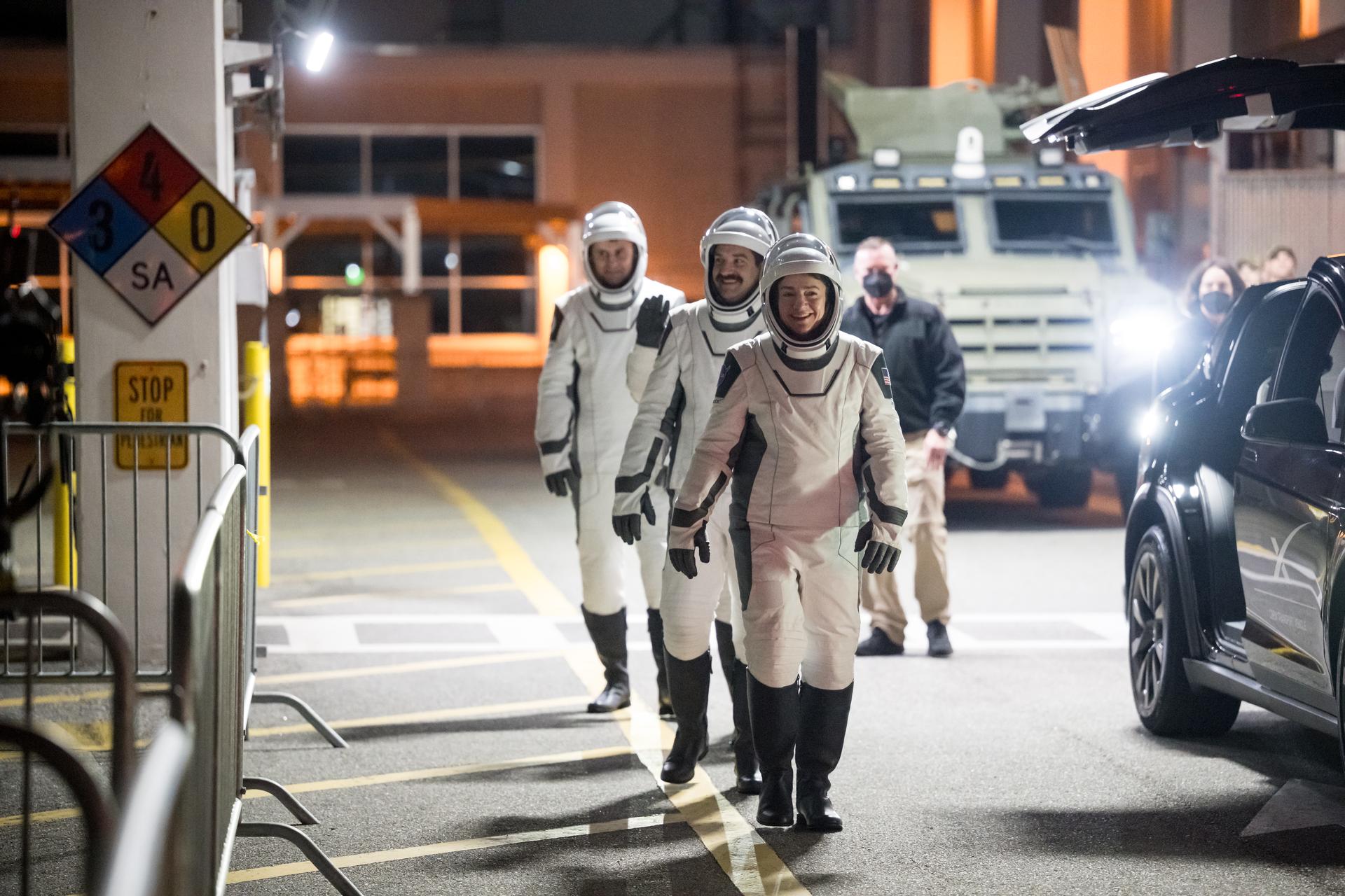 From left to right, NASA astronauts Jessica Meir, Jack Hathaway, ESA (European Space Agency) astronaut Sophie Adenot, and Roscosmos cosmonaut Andrey Fedyaev, wearing SpaceX spacesuits, are seen as they prepare to depart the Neil  A. Armstrong Operations and Checkout Building for Space Launch Complex 40 on Cape Canaveral Space Force Station during a dress rehearsal prior to the Crew-12 mission launch, Monday, Feb. 9, 2026, at NASA’s Kennedy Space Center in Florida. NASA’s SpaceX Crew-12 mission is the twelfth crew rotation mission of the SpaceX Dragon spacecraft and Falcon 9 rocket to the International Space Station as part of the agency’s Commercial Crew Program. Meir, Hathaway, Adenot, and Fedyaev are scheduled to launch at 5:15 a.m. EST on Friday, Feb. 13, 2026, from Space Launch Complex 40 at the Cape Canaveral Space Force Station. Photo Credit: (NASA/Aubrey Gemignani)