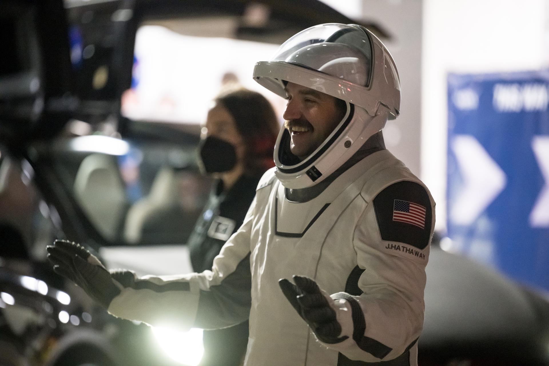 NASA astronaut Jack Hathaway is seen as he prepares to depart the Neil A. Armstrong Operations and Checkout Building for Space Launch Complex 40 on Cape Canaveral Space Force Station with crew mates NASA astronaut Jessica Meir, ESA (European Space Agency) astronaut Sophie Adenot, and Roscosmos cosmonaut Andrey Fedyaev, during a dress rehearsal prior to the Crew-12 mission launch, Monday, Feb. 9, 2026, at NASA’s Kennedy Space Center in Florida. NASA’s SpaceX Crew-12 mission is the twelfth crew rotation mission of the SpaceX Dragon spacecraft and Falcon 9 rocket to the International Space Station as part of the agency’s Commercial Crew Program. Meir, Hathaway, Adenot, and Fedyaev are scheduled to launch at 5:15 a.m. EST on Friday, Feb. 13, 2026, from Space Launch Complex 40 at the Cape Canaveral Space Force Station. Photo Credit: (NASA/Aubrey Gemignani)