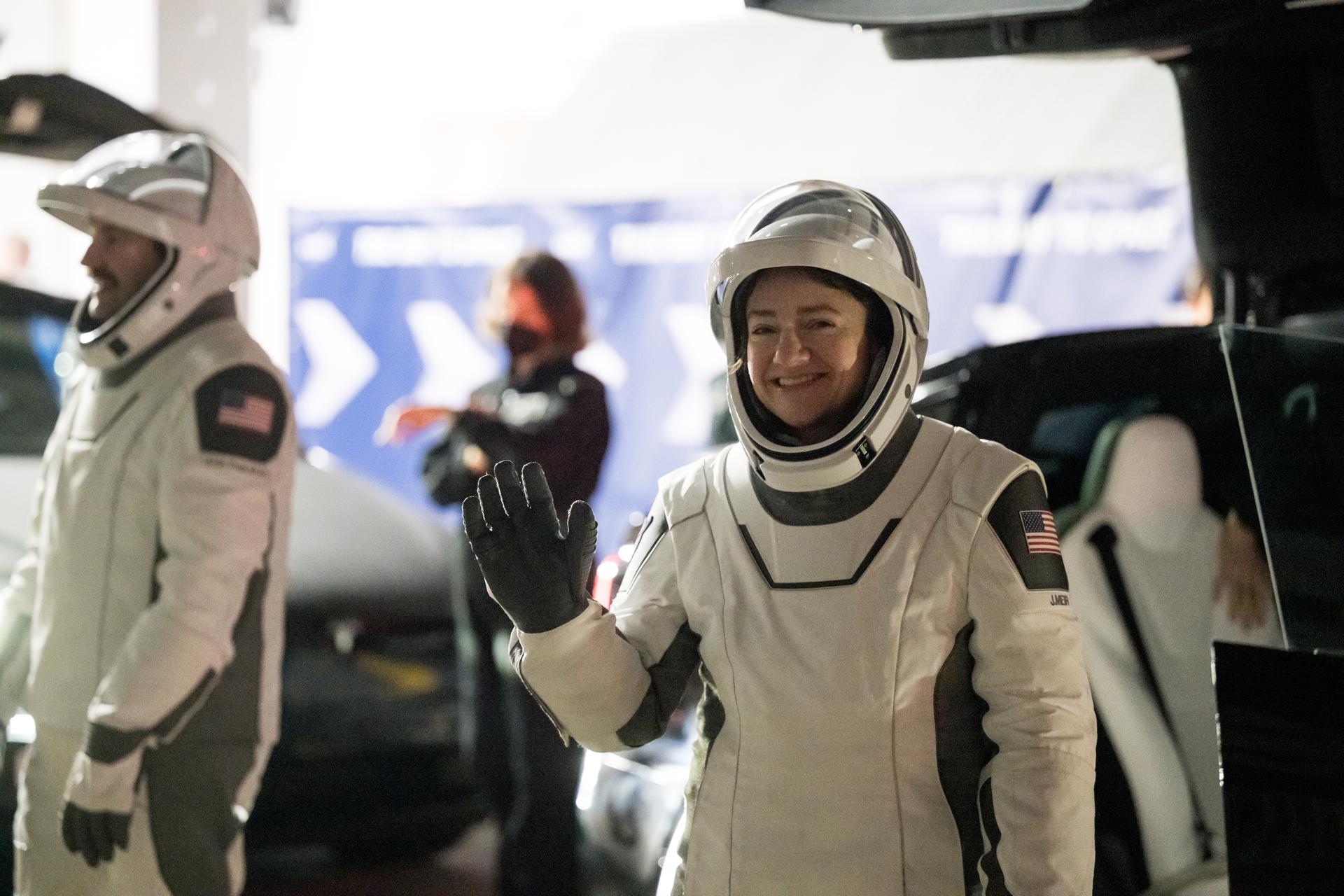 NASA astronaut Jessica Meir is seen as she prepares to depart the Neil A. Armstrong Operations and Checkout Building for Space Launch Complex 40 on Cape Canaveral Space Force Station with crew mates NASA astronaut Jack Hathaway, ESA (European Space Agency) astronaut Sophie Adenot, and Roscosmos cosmonaut Andrey Fedyaev, during a dress rehearsal prior to the Crew-12 mission launch, Monday, Feb. 9, 2026, at NASA’s Kennedy Space Center in Florida. NASA’s SpaceX Crew-12 mission is the twelfth crew rotation mission of the SpaceX Dragon spacecraft and Falcon 9 rocket to the International Space Station as part of the agency’s Commercial Crew Program. Meir, Hathaway, Adenot, and Fedyaev are scheduled to launch at 5:15 a.m. EST on Friday, Feb. 13, 2026, from Space Launch Complex 40 at the Cape Canaveral Space Force Station. Photo Credit: (NASA/Aubrey Gemignani)