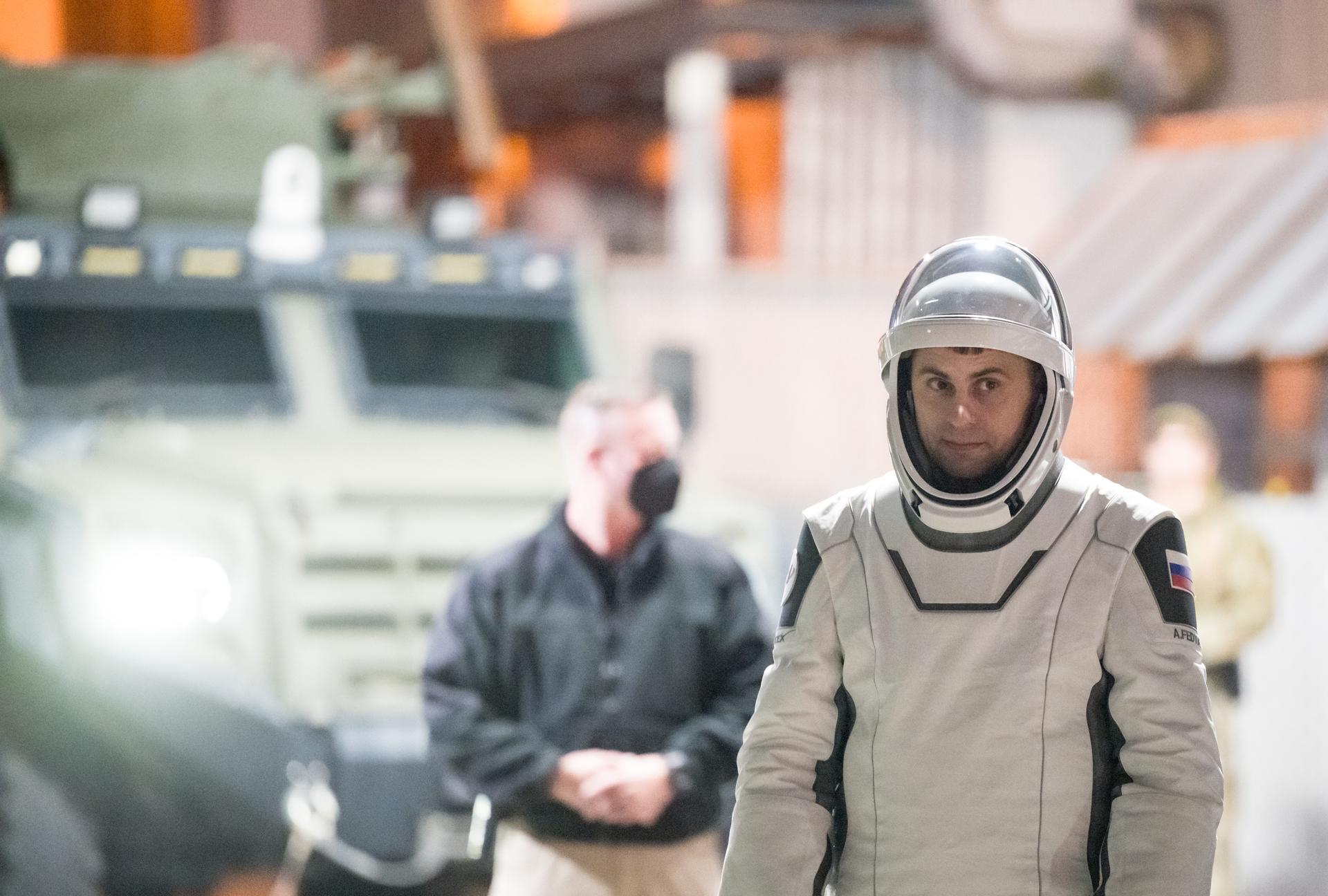 Roscosmos cosmonaut Andrey Fedyaev is seen as he prepares to depart the Neil A. Armstrong Operations and Checkout Building for Space Launch Complex 40 on Cape Canaveral Space Force Station with crew mates NASA astronauts Jessica Meir, Jack Hathaway and ESA (European Space Agency) astronaut Sophie Adenot, during a dress rehearsal prior to the Crew-12 mission launch, Monday, Feb. 9, 2026, at NASA’s Kennedy Space Center in Florida. NASA’s SpaceX Crew-12 mission is the twelfth crew rotation mission of the SpaceX Dragon spacecraft and Falcon 9 rocket to the International Space Station as part of the agency’s Commercial Crew Program. Fedyaev, Adenot, Meir, and Hathaway are scheduled to launch at 5:15 a.m. EST on Friday, Feb. 13, 2026, from Space Launch Complex 40 at the Cape Canaveral Space Force Station. Photo Credit: (NASA/Aubrey Gemignani)