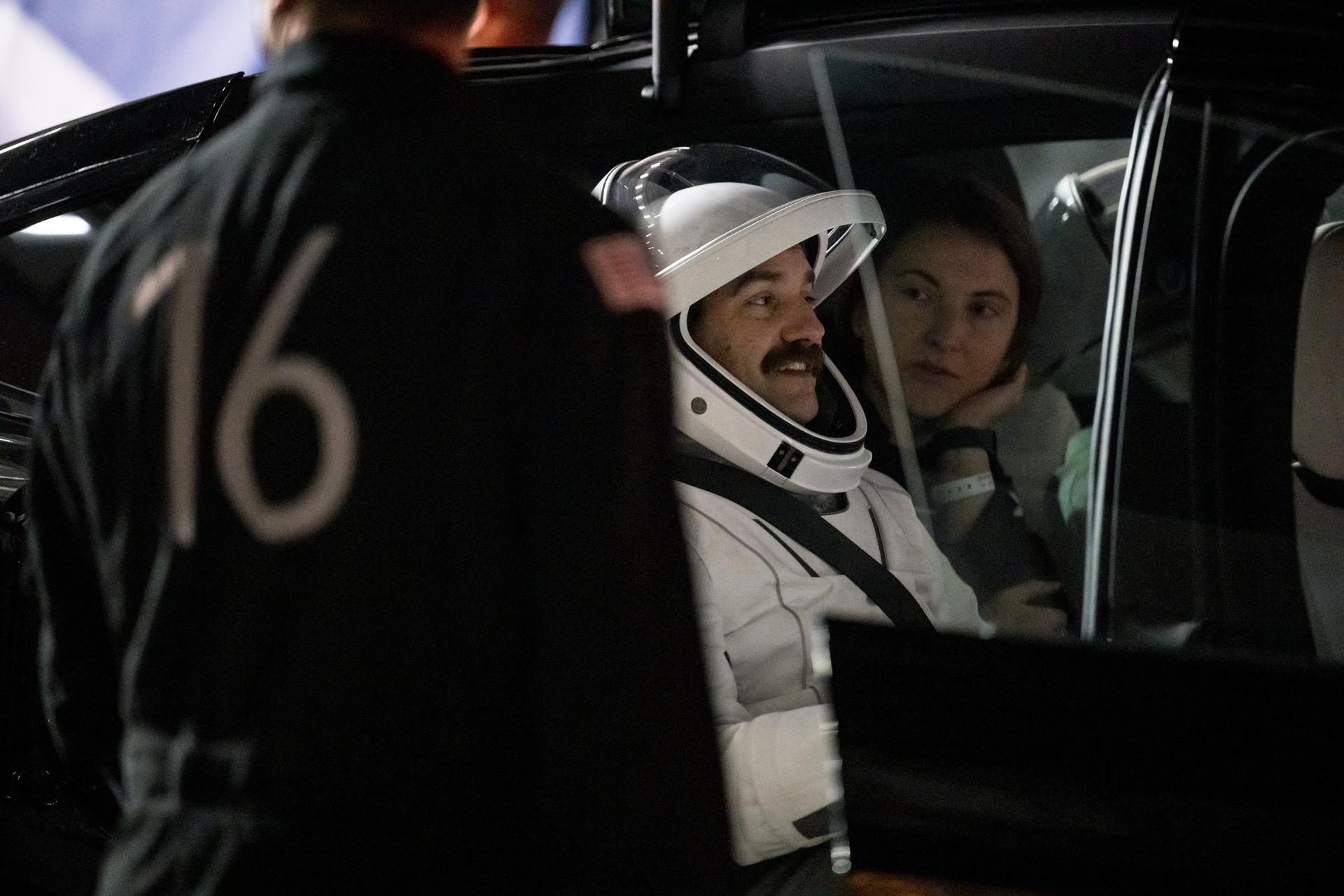 NASA astronaut Jack Hathaway is seen as he prepares to depart the Neil A. Armstrong Operations and Checkout Building for Space Launch Complex 40 on Cape Canaveral Space Force Station with crew mates NASA astronaut Jessica Meir, ESA (European Space Agency) astronaut Sophie Adenot, and Roscosmos cosmonaut Andrey Fedyaev, during a dress rehearsal prior to the Crew-12 mission launch, Monday, Feb. 9, 2026, at NASA’s Kennedy Space Center in Florida. NASA’s SpaceX Crew-12 mission is the twelfth crew rotation mission of the SpaceX Dragon spacecraft and Falcon 9 rocket to the International Space Station as part of the agency’s Commercial Crew Program. Meir, Hathaway, Adenot, and Fedyaev are scheduled to launch at 5:15 a.m. EST on Friday, Feb. 13, 2026, from Space Launch Complex 40 at the Cape Canaveral Space Force Station. Photo Credit: (NASA/Aubrey Gemignani)