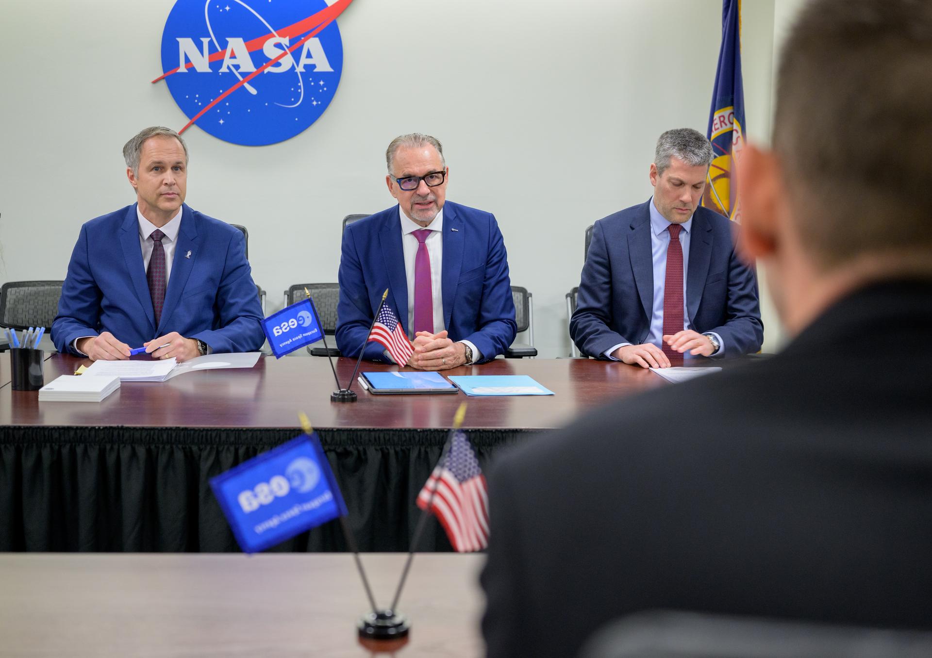 ESA Director General Josef Aschbacher, center, meets with NASA Administrator Jared Isaacman, Wednesday, Feb. 11, 2026, at the Mary W. Jackson NASA Headquarters Building in Washington. Photo Credit: (NASA/Bill Ingalls)
