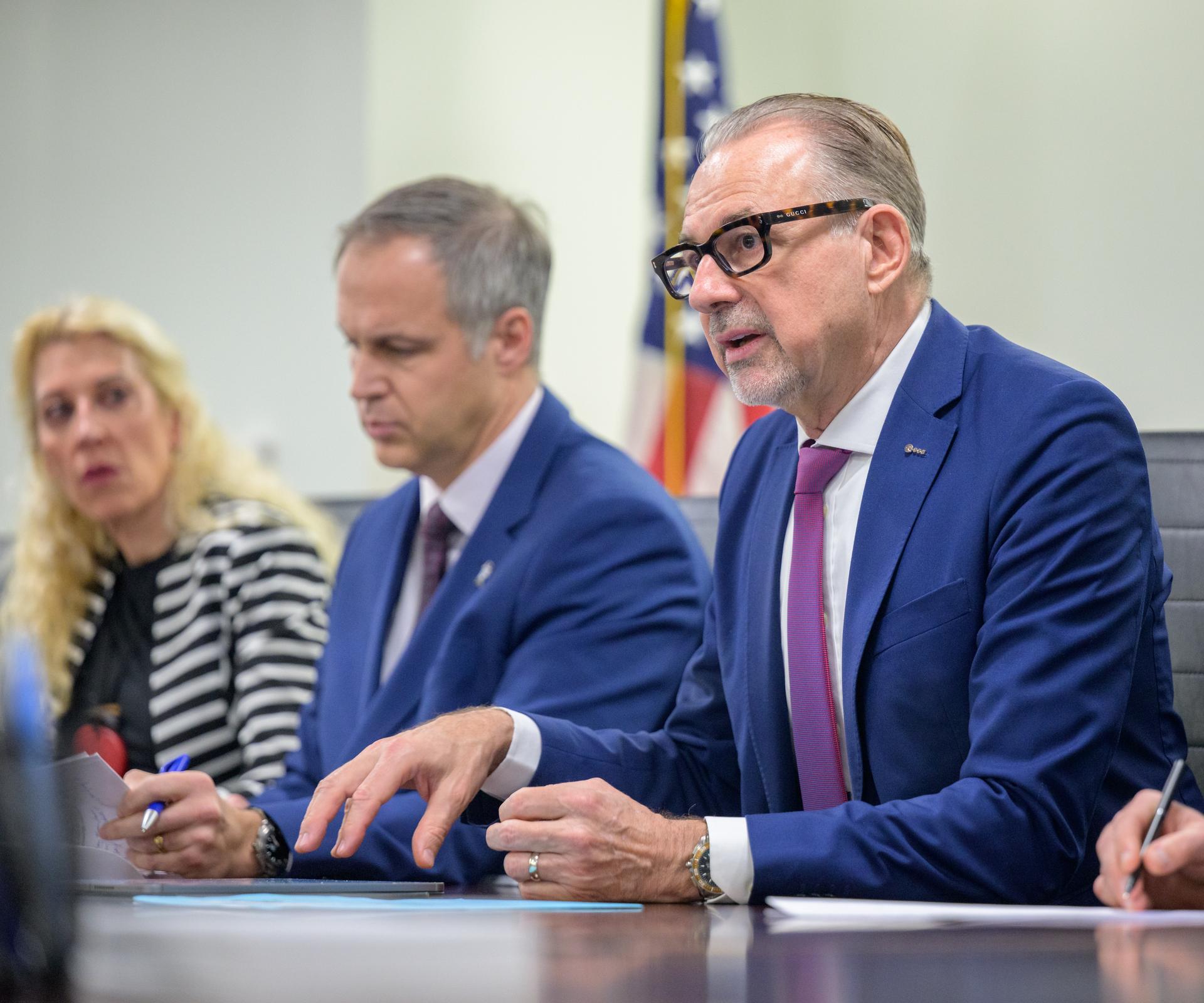 ESA Director General Josef Aschbacher, right, meets with NASA Administrator Jared Isaacman, Wednesday, Feb. 11, 2026, at the Mary W. Jackson NASA Headquarters Building in Washington. Photo Credit: (NASA/Bill Ingalls)