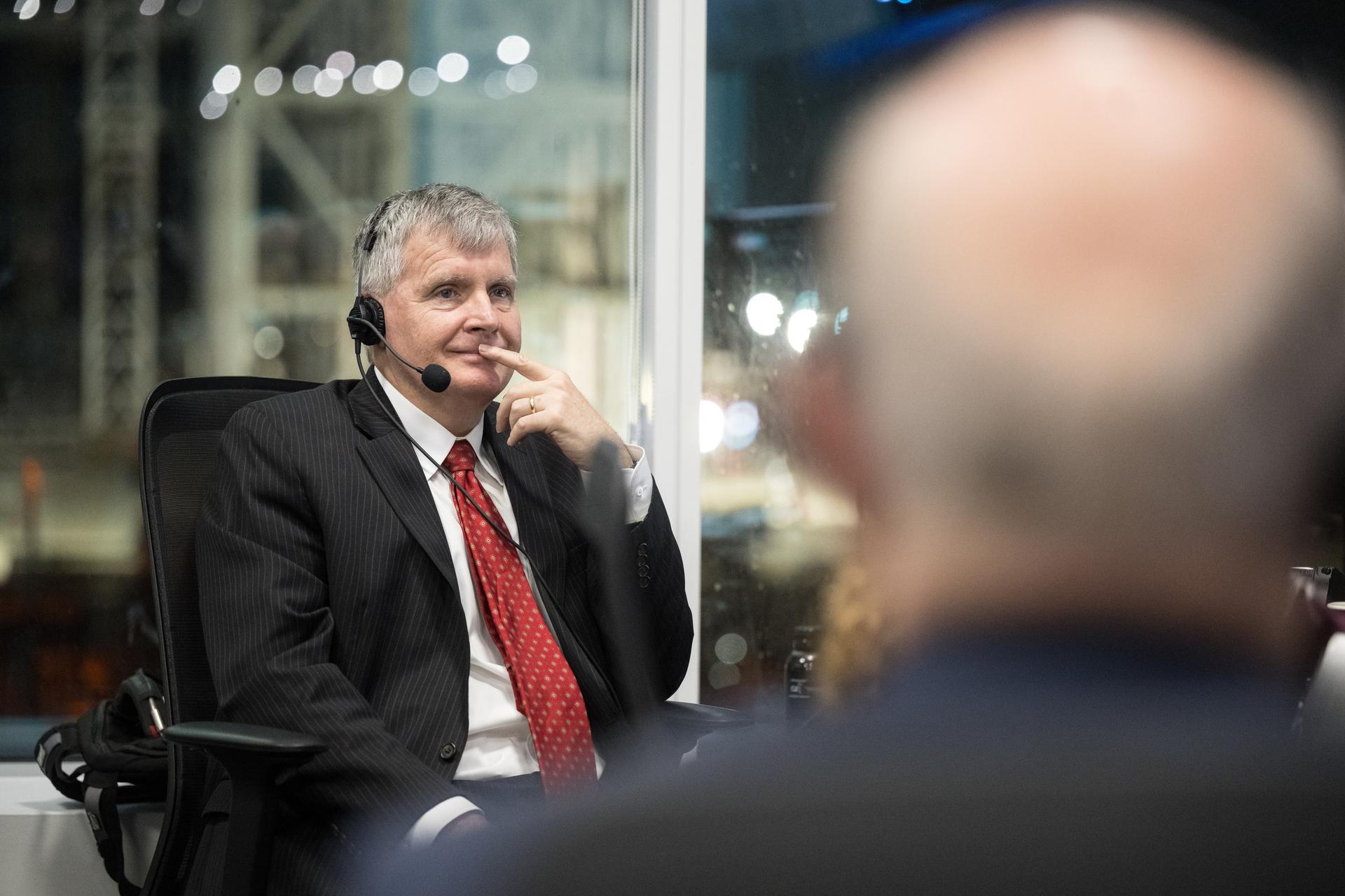 Steve Stich, manager of NASA’s Commercial Crew Program speaks with Ken Bowersox, associate administrator for NASA's Space Operations Mission Directorate during the countdown of the launch of a SpaceX Falcon 9 rocket carrying the company's Dragon spacecraft on NASA’s SpaceX Crew-12 mission with NASA astronauts Jessica Meir, Jack Hathaway, ESA (European Space Agency) astronaut Sophie Adenot, and Roscosmos cosmonaut Andrey Fedyaev onboard, Friday, Feb. 13, 2026, in the control center of SpaceX’s HangarX at NASA’s Kennedy Space Center in Florida. NASA’s SpaceX Crew-12 mission is the twelfth crew rotation mission of the SpaceX Dragon spacecraft and Falcon 9 rocket to the International Space Station as part of the agency’s Commercial Crew Program. Meir, Hathaway, Adenot, and Fedyaev are scheduled to launch at 5:15 a.m. EST, from Space Launch Complex 40 at the Cape Canaveral Space Force Station. Photo Credit: (NASA/Aubrey Gemignani)