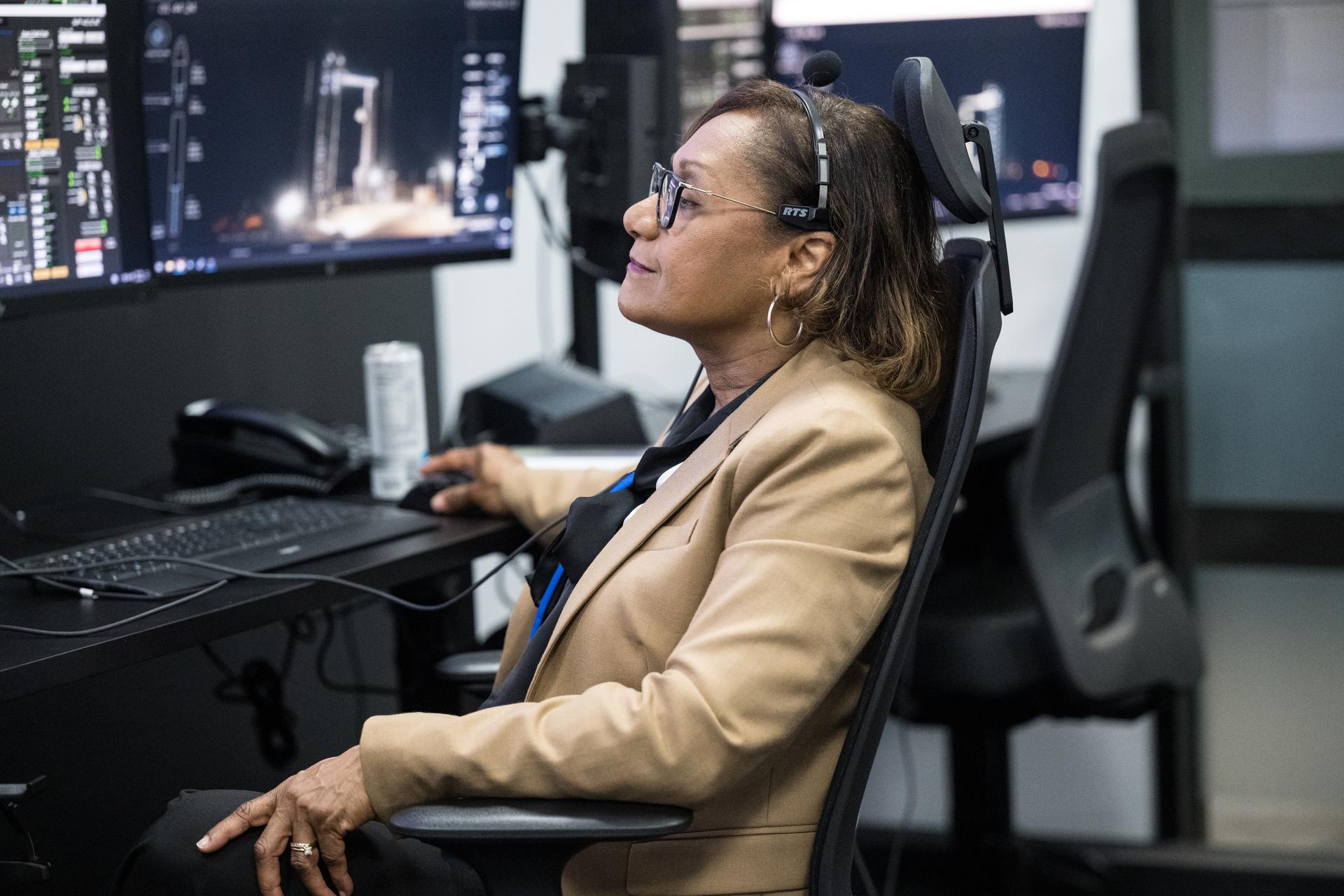 Vanessa Wyche, director of NASA's Johnson Space Center, monitors the countdown of the launch of a SpaceX Falcon 9 rocket carrying the company's Dragon spacecraft on NASA’s SpaceX Crew-12 mission with NASA astronauts Jessica Meir, Jack Hathaway, ESA (European Space Agency) astronaut Sophie Adenot, and Roscosmos cosmonaut Andrey Fedyaev onboard, Friday, Feb. 13, 2026, in the control center of SpaceX’s HangarX at NASA’s Kennedy Space Center in Florida. NASA’s SpaceX Crew-12 mission is the twelfth crew rotation mission of the SpaceX Dragon spacecraft and Falcon 9 rocket to the International Space Station as part of the agency’s Commercial Crew Program. Meir, Hathaway, Adenot, and Fedyaev are scheduled to launch at 5:15 a.m. EST, from Space Launch Complex 40 at the Cape Canaveral Space Force Station. Photo Credit: (NASA/Aubrey Gemignani)