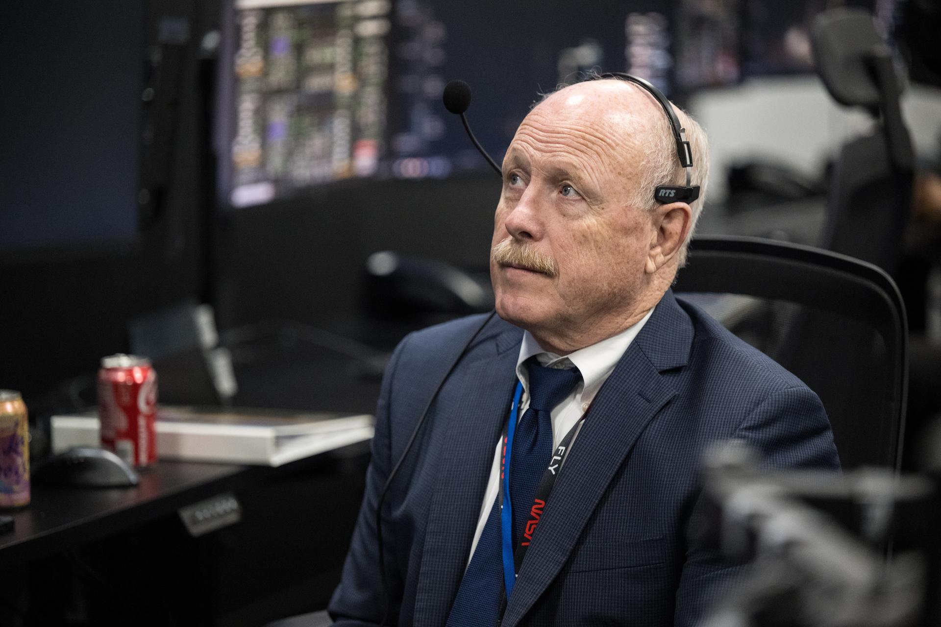 Ken Bowersox, associate administrator for NASA's Space Operations Mission Directorate, monitors the countdown of the launch of a SpaceX Falcon 9 rocket carrying the company's Dragon spacecraft on NASA’s SpaceX Crew-12 mission with NASA astronauts Jessica Meir, Jack Hathaway, ESA (European Space Agency) astronaut Sophie Adenot, and Roscosmos cosmonaut Andrey Fedyaev onboard, Friday, Feb. 13, 2026, in the control center of SpaceX’s HangarX at NASA’s Kennedy Space Center in Florida. NASA’s SpaceX Crew-12 mission is the twelfth crew rotation mission of the SpaceX Dragon spacecraft and Falcon 9 rocket to the International Space Station as part of the agency’s Commercial Crew Program. Meir, Hathaway, Adenot, and Fedyaev are scheduled to launch at 5:15 a.m. EST, from Space Launch Complex 40 at the Cape Canaveral Space Force Station. Photo Credit: (NASA/Aubrey Gemignani)
