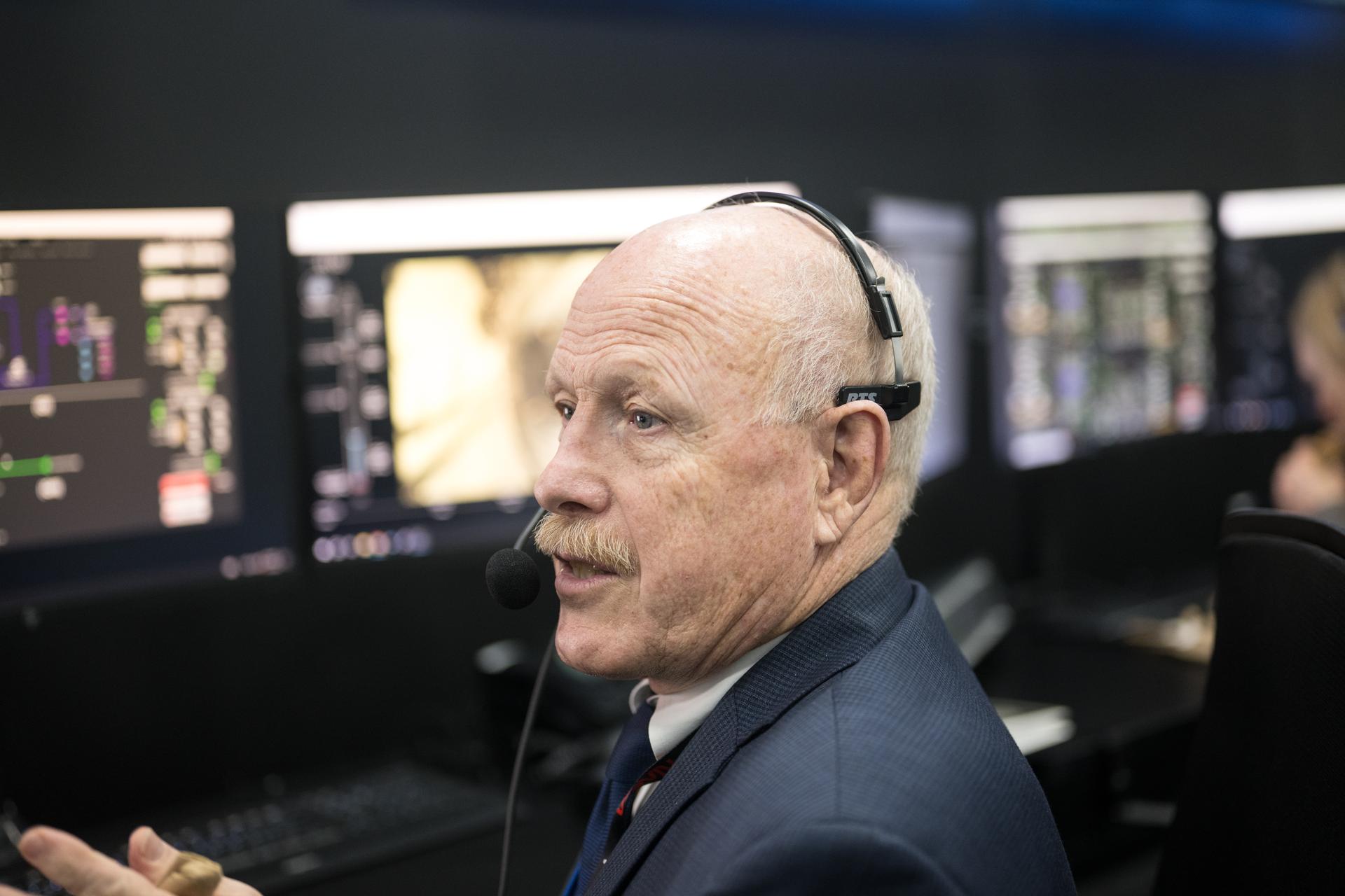 Ken Bowersox, associate administrator for NASA's Space Operations Mission Directorate, monitors the countdown of the launch of a SpaceX Falcon 9 rocket carrying the company's Dragon spacecraft on NASA’s SpaceX Crew-12 mission with NASA astronauts Jessica Meir, Jack Hathaway, ESA (European Space Agency) astronaut Sophie Adenot, and Roscosmos cosmonaut Andrey Fedyaev onboard, Friday, Feb. 13, 2026, in the control center of SpaceX’s HangarX at NASA’s Kennedy Space Center in Florida. NASA’s SpaceX Crew-12 mission is the twelfth crew rotation mission of the SpaceX Dragon spacecraft and Falcon 9 rocket to the International Space Station as part of the agency’s Commercial Crew Program. Meir, Hathaway, Adenot, and Fedyaev are scheduled to launch at 5:15 a.m. EST, from Space Launch Complex 40 at the Cape Canaveral Space Force Station. Photo Credit: (NASA/Aubrey Gemignani)