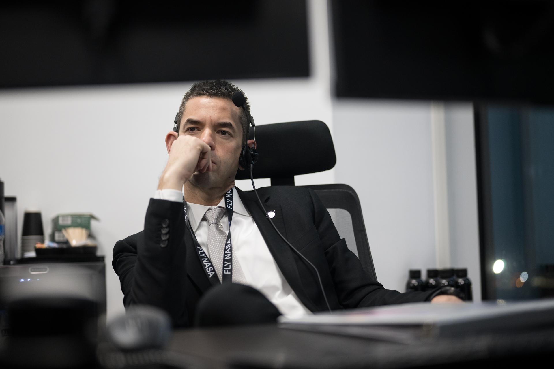 NASA Administrator Jared Isaacman monitors the countdown of the launch of a SpaceX Falcon 9 rocket carrying the company's Dragon spacecraft on NASA’s SpaceX Crew-12 mission with NASA astronauts Jessica Meir, Jack Hathaway, ESA (European Space Agency) astronaut Sophie Adenot, and Roscosmos cosmonaut Andrey Fedyaev onboard, Friday, Feb. 13, 2026, in the control center of SpaceX’s HangarX at NASA’s Kennedy Space Center in Florida. NASA’s SpaceX Crew-12 mission is the twelfth crew rotation mission of the SpaceX Dragon spacecraft and Falcon 9 rocket to the International Space Station as part of the agency’s Commercial Crew Program. Meir, Hathaway, Adenot, and Fedyaev are scheduled to launch at 5:15 a.m. EST, from Space Launch Complex 40 at the Cape Canaveral Space Force Station. Photo Credit: (NASA/Aubrey Gemignani)