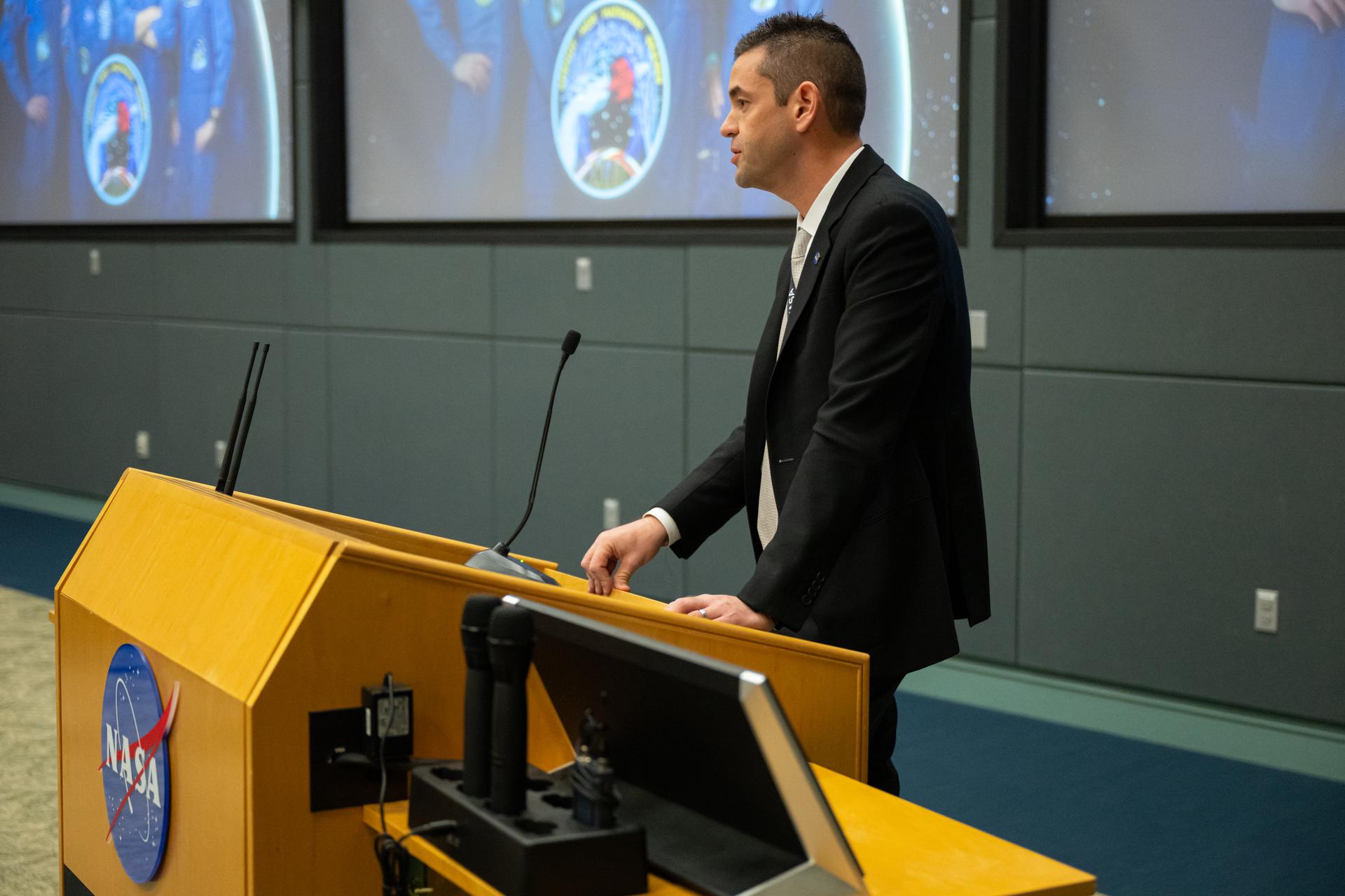 NASA Administrator Jared Isaacman gives remarks ahead of the launch of NASA’s SpaceX Crew-12 mission, Friday, Feb. 13, 2026, at the Operations and Support Building II at NASA’s Kennedy Space Center in Florida. NASA’s SpaceX Crew-12 mission is the twelfth crew rotation mission of the SpaceX Falcon 9 rocket and Dragon spacecraft to the International Space Station as part of the agency’s Commercial Crew Program. NASA astronauts Jessica Meir, Jack Hathaway, ESA (European Space Agency) astronaut Sophie Adenot, and Roscosmos cosmonaut Andrey Fedyaev are scheduled to launch at 5:15 a.m. EST on Friday, Feb. 13, from Space Launch Complex 40. Photo Credit: (NASA/John Kraus)