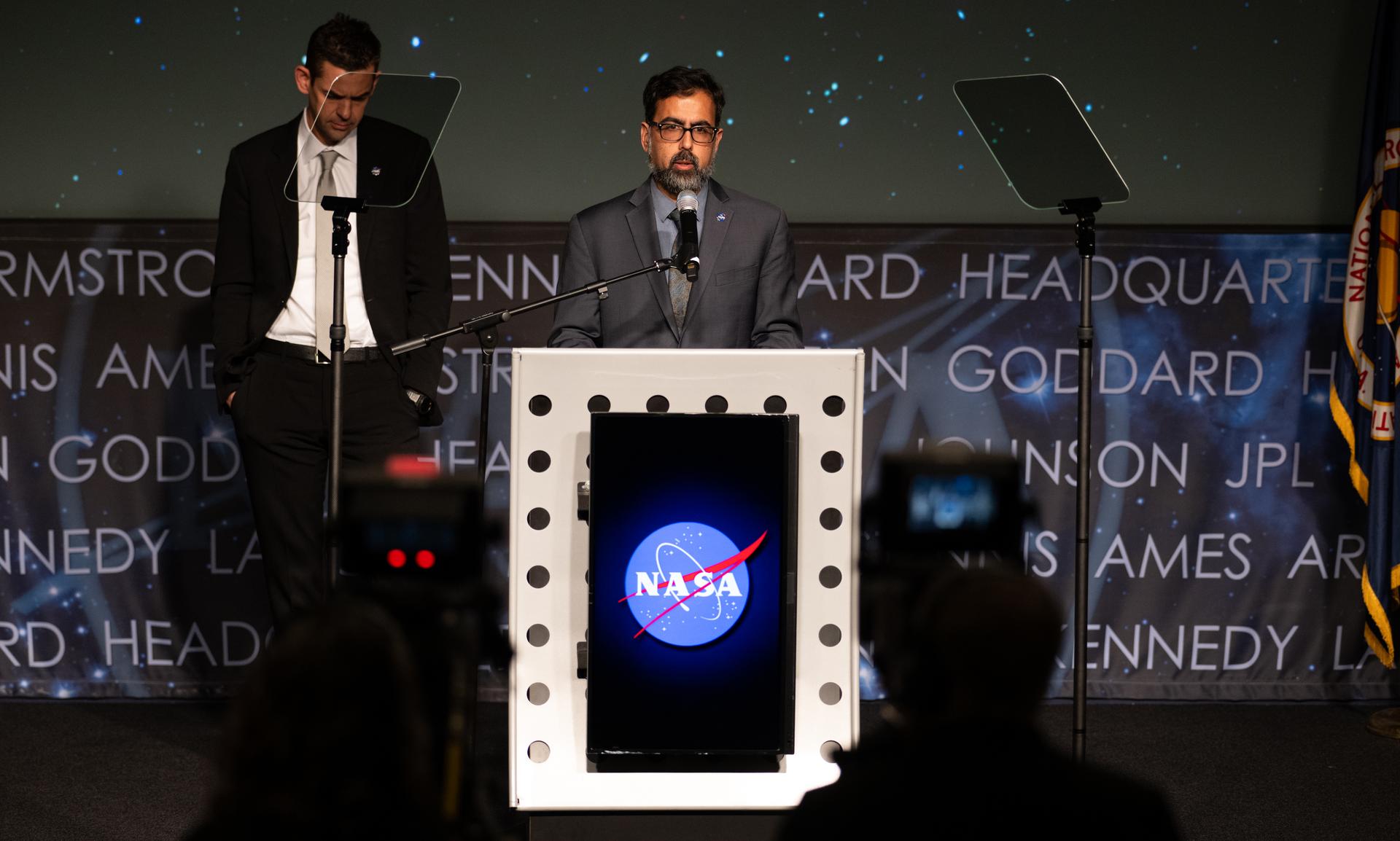 NASA Associate Administrator Amit Kshatriya, alongside NASA Administrator Jared Isaacman, discusses a report of findings examining the Boeing CST-100 Starliner Crewed Flight Test, Thursday, Feb. 19, 2026, at the Mary W. Jackson NASA Headquarters building in Washington. Photo Credit: (NASA/Joel Kowsky)
