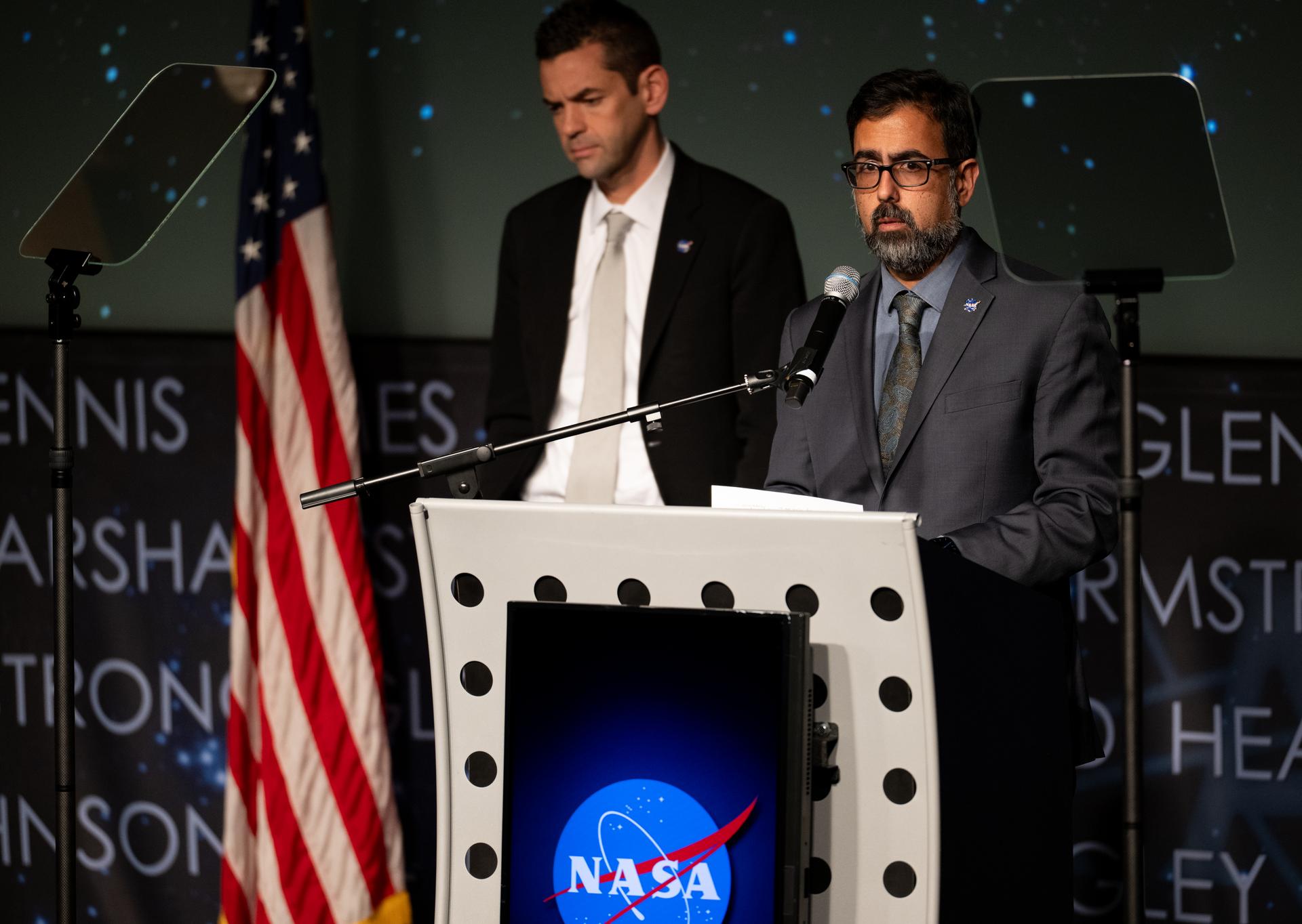 NASA Associate Administrator Amit Kshatriya, alongside NASA Administrator Jared Isaacman, discusses a report of findings examining the Boeing CST-100 Starliner Crewed Flight Test, Thursday, Feb. 19, 2026, at the Mary W. Jackson NASA Headquarters building in Washington. Photo Credit: (NASA/Joel Kowsky)