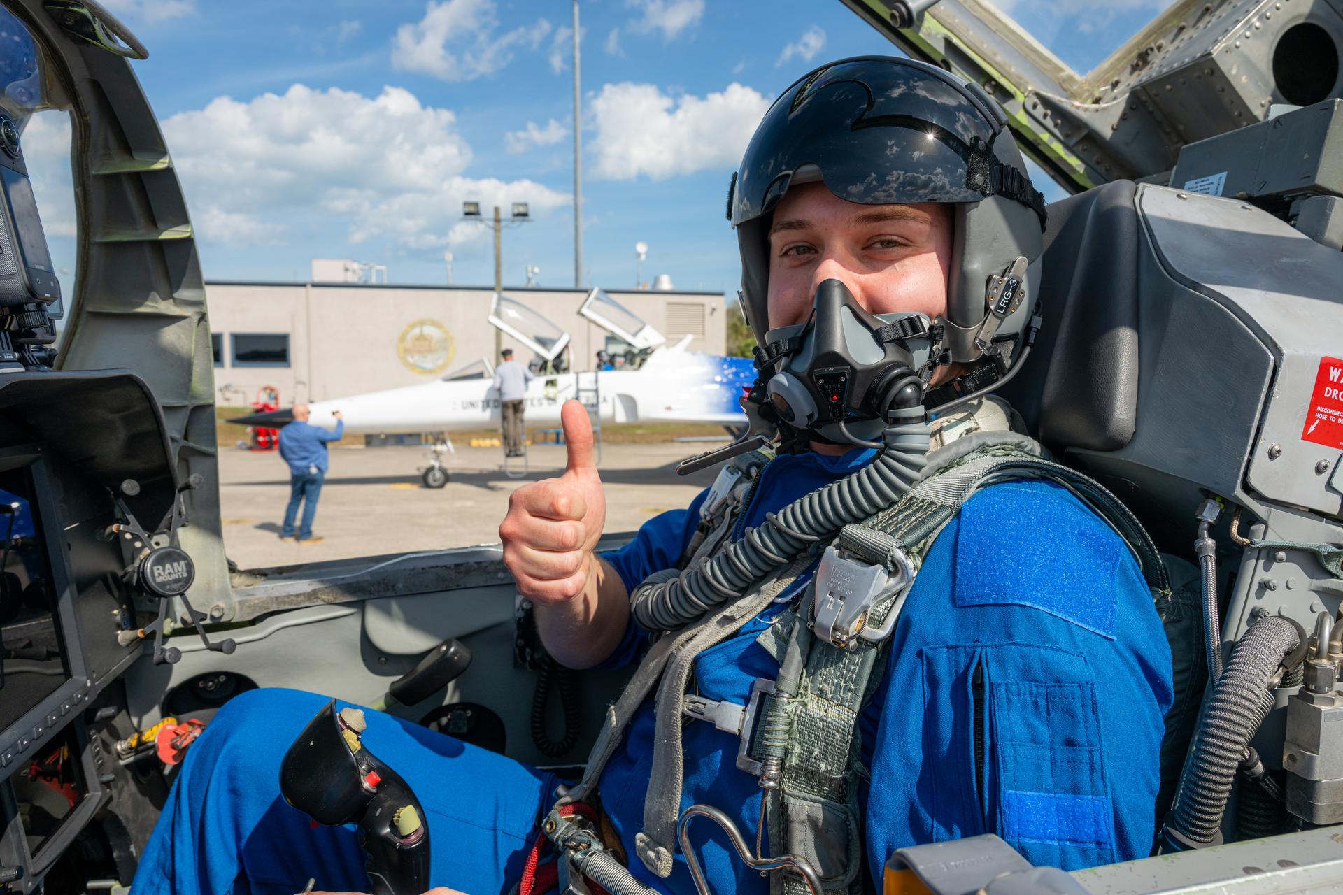 NASA employee Kristian Miasek, ET-10 test engineer at NASA’s Marshall Space Flight Center, participates in an employee incentive flying event with NASA Administrator Jared Isaacman's personal F-5 aircraft, Friday, Feb. 20, 2026, at NASA’s Kennedy Space Center in Florida. Photo Credit: (NASA/John Kraus)