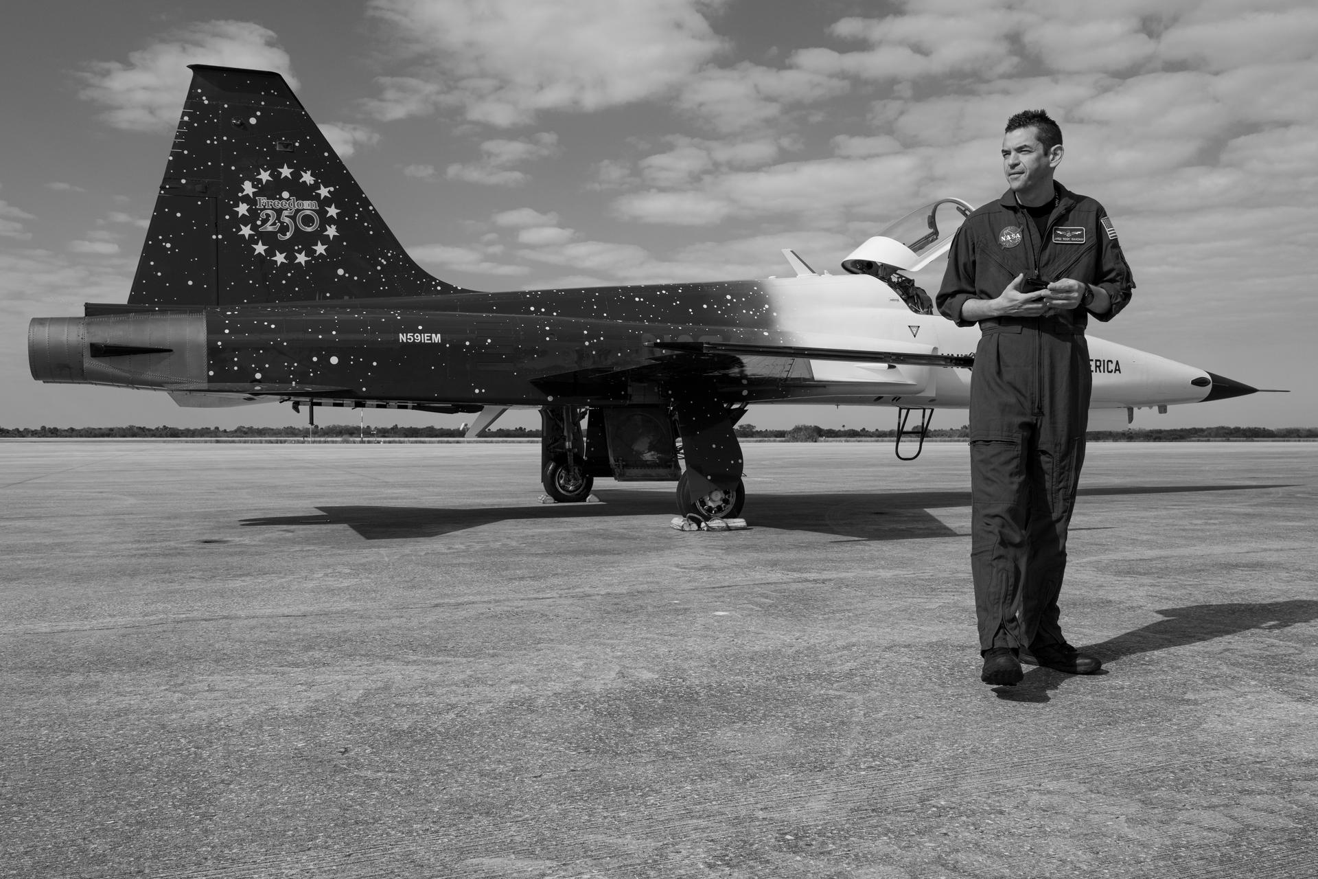 NASA Administrator Jared Isaacman is seen with his personal F-5 aircraft, Saturday, Feb. 21, 2026, at NASA’s Kennedy Space Center in Florida. Photo Credit: (NASA/John Kraus)