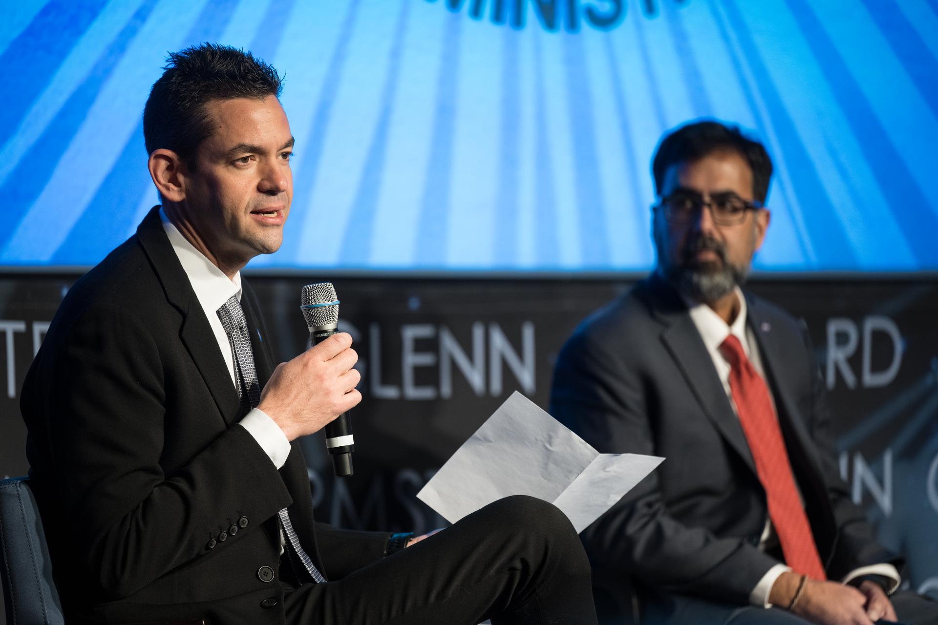 NASA Administrator Jared Isaacman, left, and NASA Associate Administrator Amit Kshatriya, speak with the agency workforce during a monthly coffee and donuts with the Administrator event, Tuesday, Feb. 24, 2026, at the Mary W. Jackson NASA Headquarters building in Washington. Photo Credit: (NASA/Aubrey Gemignani)