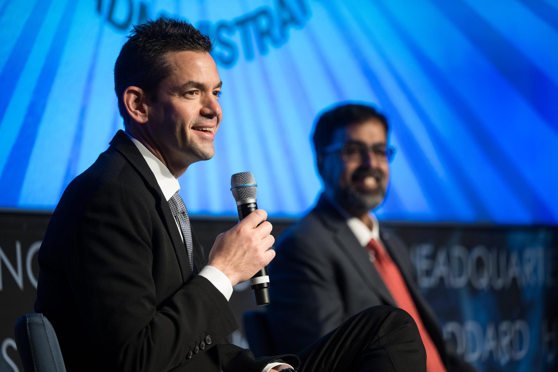 NASA Administrator Jared Isaacman and NASA Associate Administrator Amit Kshatriya, speak with the agency workforce during a monthly coffee and donuts with the Administrator event, Tuesday, Feb. 24, 2026, at the Mary W. Jackson NASA Headquarters building in Washington. Photo Credit: (NASA/Aubrey Gemignani)
