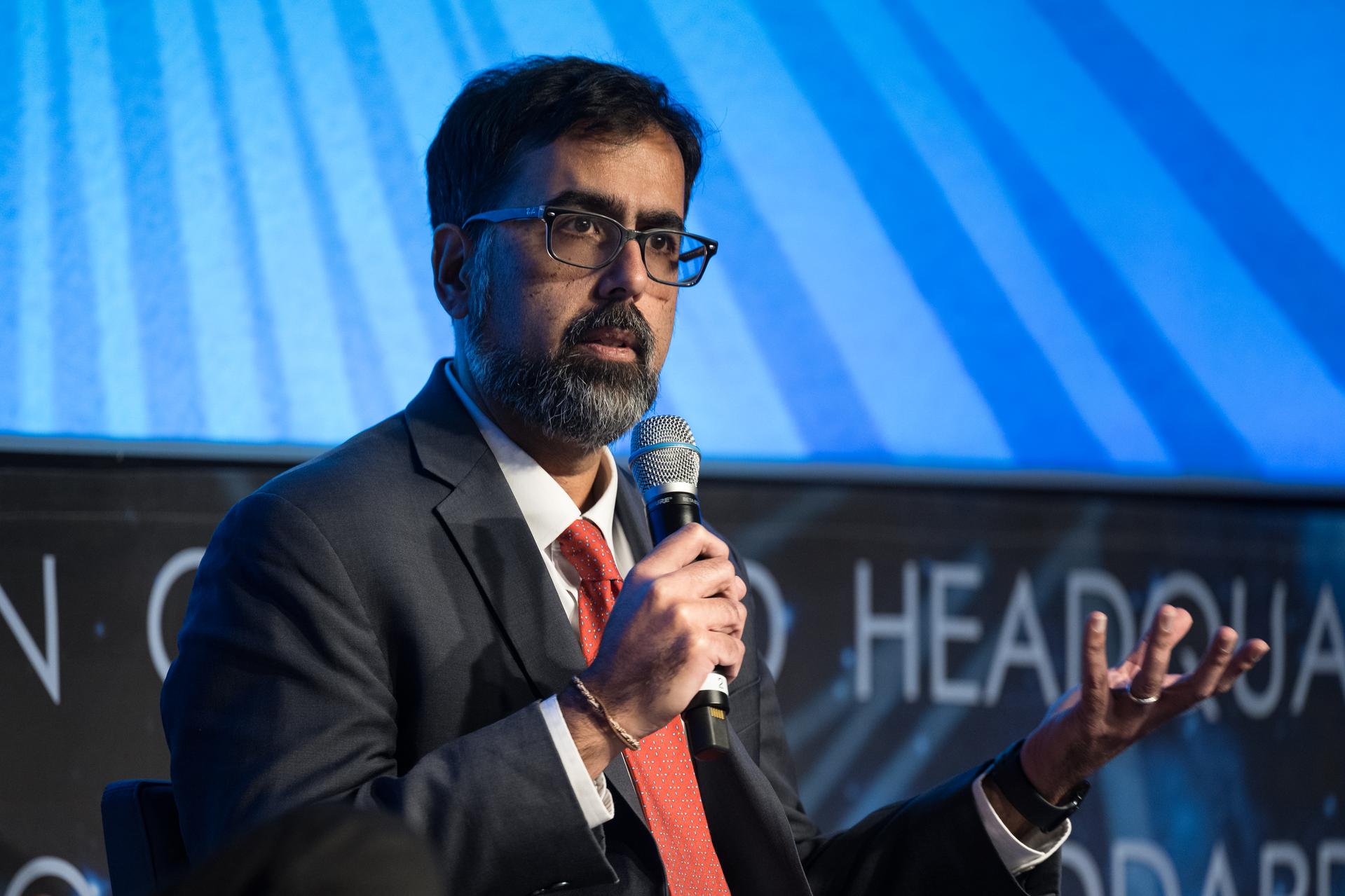 NASA Associate Administrator Amit Kshatriya answers a question during a monthly coffee and donuts with the Administrator event, Tuesday, Feb. 24, 2026, at the Mary W. Jackson NASA Headquarters building in Washington. Photo Credit: (NASA/Aubrey Gemignani)