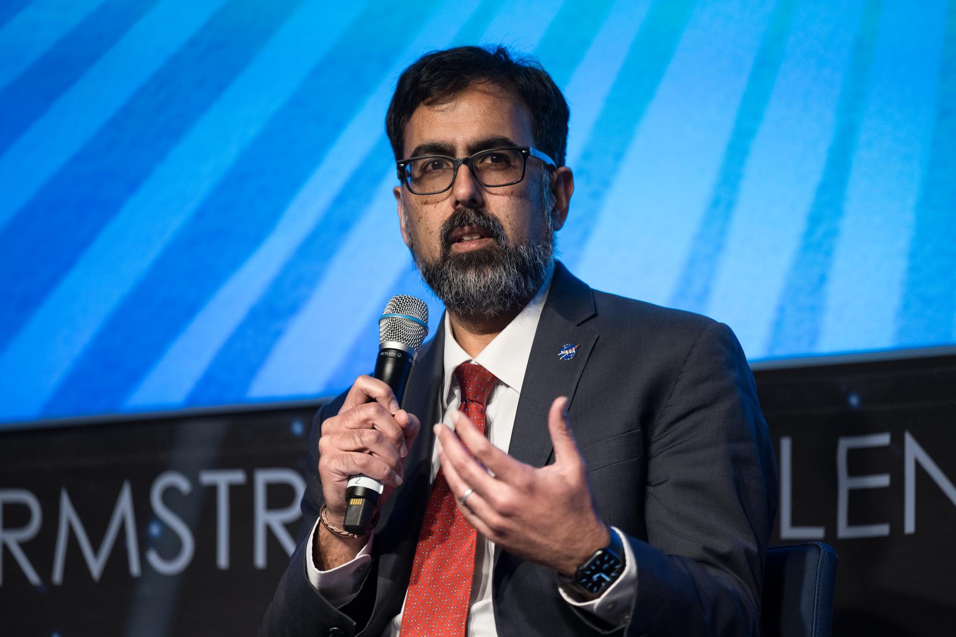 NASA Associate Administrator Amit Kshatriya answers a question during a monthly coffee and donuts with the Administrator event, Tuesday, Feb. 24, 2026, at the Mary W. Jackson NASA Headquarters building in Washington. Photo Credit: (NASA/Aubrey Gemignani)