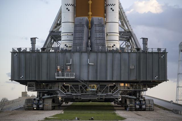 NASA’s Space Launch System (SLS) rocket and Orion spacecraft, secured to the ...