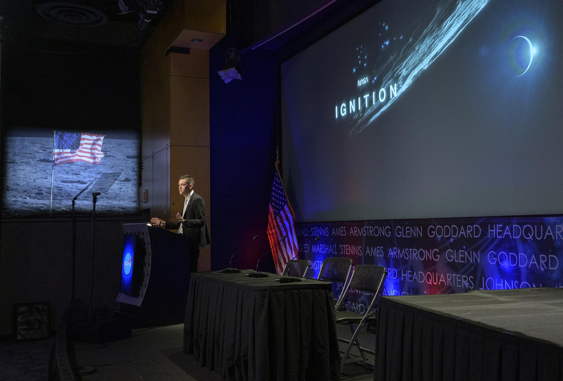 NASA Administrator Jared Isaacman speaks during an event where NASA is outlining how the agency is executing President Donald J. Trump’s National Space Policy and accelerating preparations for America’s return to the surface of the Moon by 2028, Tuesday, March 24, 2026, at the Mary W. Jackson NASA Headquarters building in Washington. During the event NASA leadership provided updates on mission priorities, including sending the first astronauts to the lunar surface in more than 50 years, establishing the initial elements of a permanent lunar base, getting America underway in space on nuclear propulsion, and other objectives. Photo Credit: (NASA/Bill Ingalls)