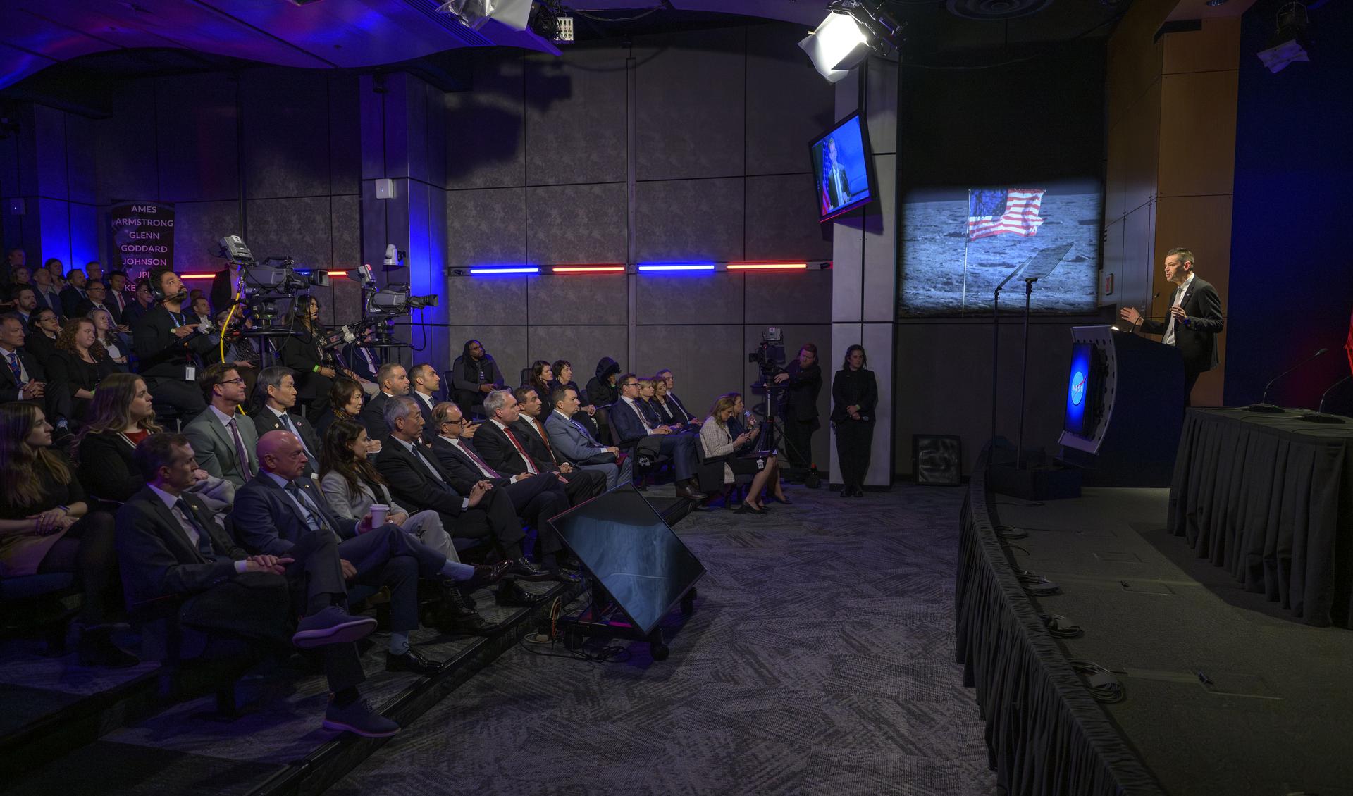 NASA Administrator Jared Isaacman speaks during an event where NASA is outlining how the agency is executing President Donald J. Trump’s National Space Policy and accelerating preparations for America’s return to the surface of the Moon by 2028, Tuesday, March 24, 2026, at the Mary W. Jackson NASA Headquarters building in Washington. During the event NASA leadership provided updates on mission priorities, including sending the first astronauts to the lunar surface in more than 50 years, establishing the initial elements of a permanent lunar base, getting America underway in space on nuclear propulsion, and other objectives. Photo Credit: (NASA/Bill Ingalls)
