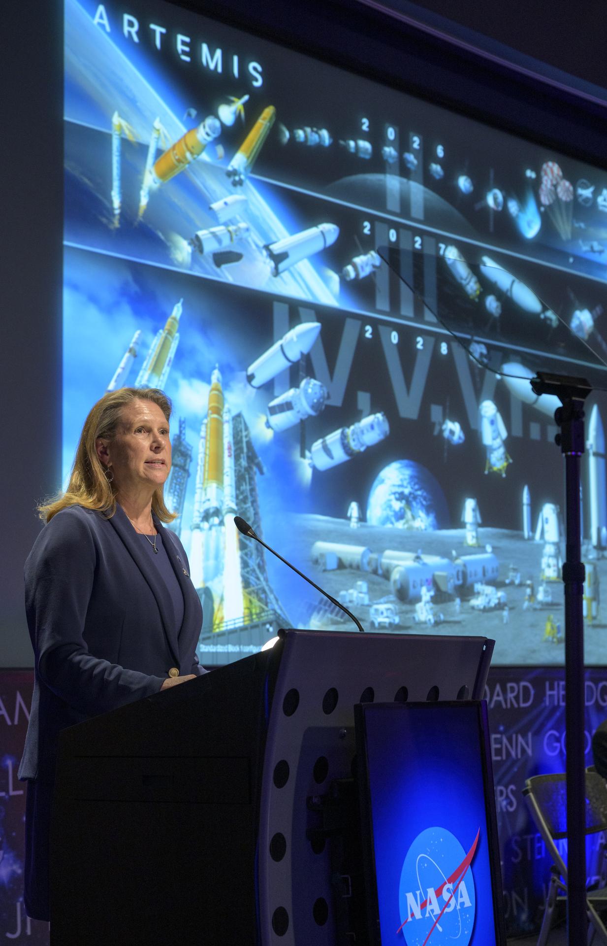 Acting Associate Administrator for NASA's Exploration Systems Development Mission Directorate, Lori Glaze, speaks during an event where NASA is outlining how the agency is executing President Donald J. Trump’s National Space Policy and accelerating preparations for America’s return to the surface of the Moon by 2028, Tuesday, March 24, 2026, at the Mary W. Jackson NASA Headquarters building in Washington. During the event NASA leadership provided updates on mission priorities, including sending the first astronauts to the lunar surface in more than 50 years, establishing the initial elements of a permanent lunar base, getting America underway in space on nuclear propulsion, and other objectives. Photo Credit: (NASA/Bill Ingalls)