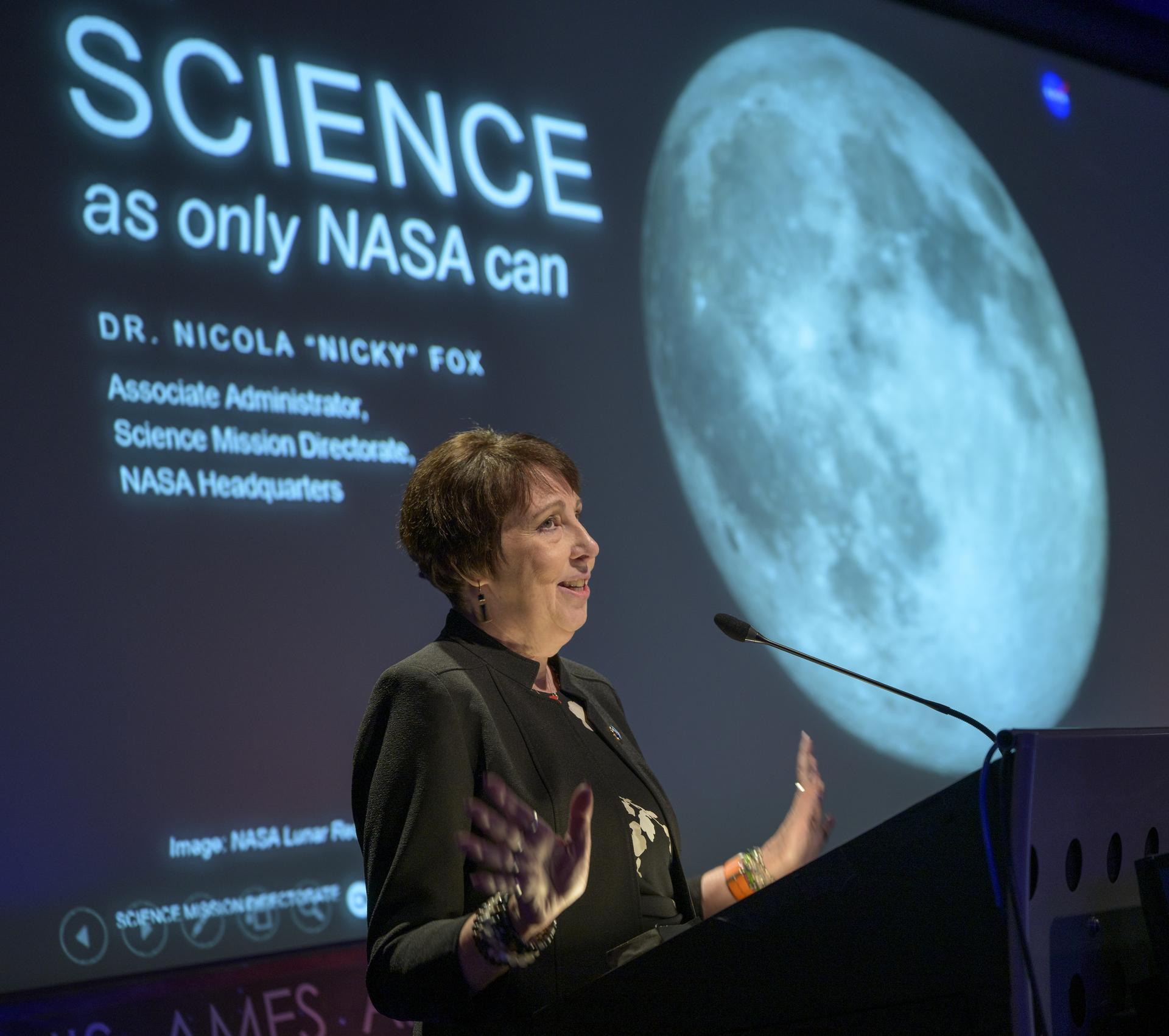 Associate Administrator for NASA's Science Mission Directorate Nicola Fox speaks during an event where NASA is outlining how the agency is executing President Donald J. Trump’s National Space Policy and accelerating preparations for America’s return to the surface of the Moon by 2028, Tuesday, March 24, 2026, at the Mary W. Jackson NASA Headquarters building in Washington. During the event NASA leadership provided updates on mission priorities, including sending the first astronauts to the lunar surface in more than 50 years, establishing the initial elements of a permanent lunar base, getting America underway in space on nuclear propulsion, and other objectives. Photo Credit: (NASA/Bill Ingalls)