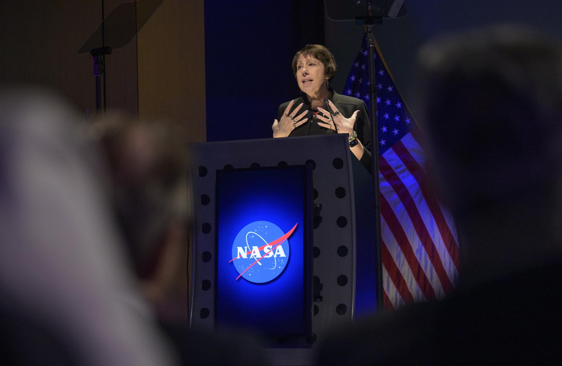 Associate Administrator for NASA's Science Mission Directorate Nicola Fox speaks during an event where NASA is outlining how the agency is executing President Donald J. Trump’s National Space Policy and accelerating preparations for America’s return to the surface of the Moon by 2028, Tuesday, March 24, 2026, at the Mary W. Jackson NASA Headquarters building in Washington. During the event NASA leadership provided updates on mission priorities, including sending the first astronauts to the lunar surface in more than 50 years, establishing the initial elements of a permanent lunar base, getting America underway in space on nuclear propulsion, and other objectives. Photo Credit: (NASA/Bill Ingalls)