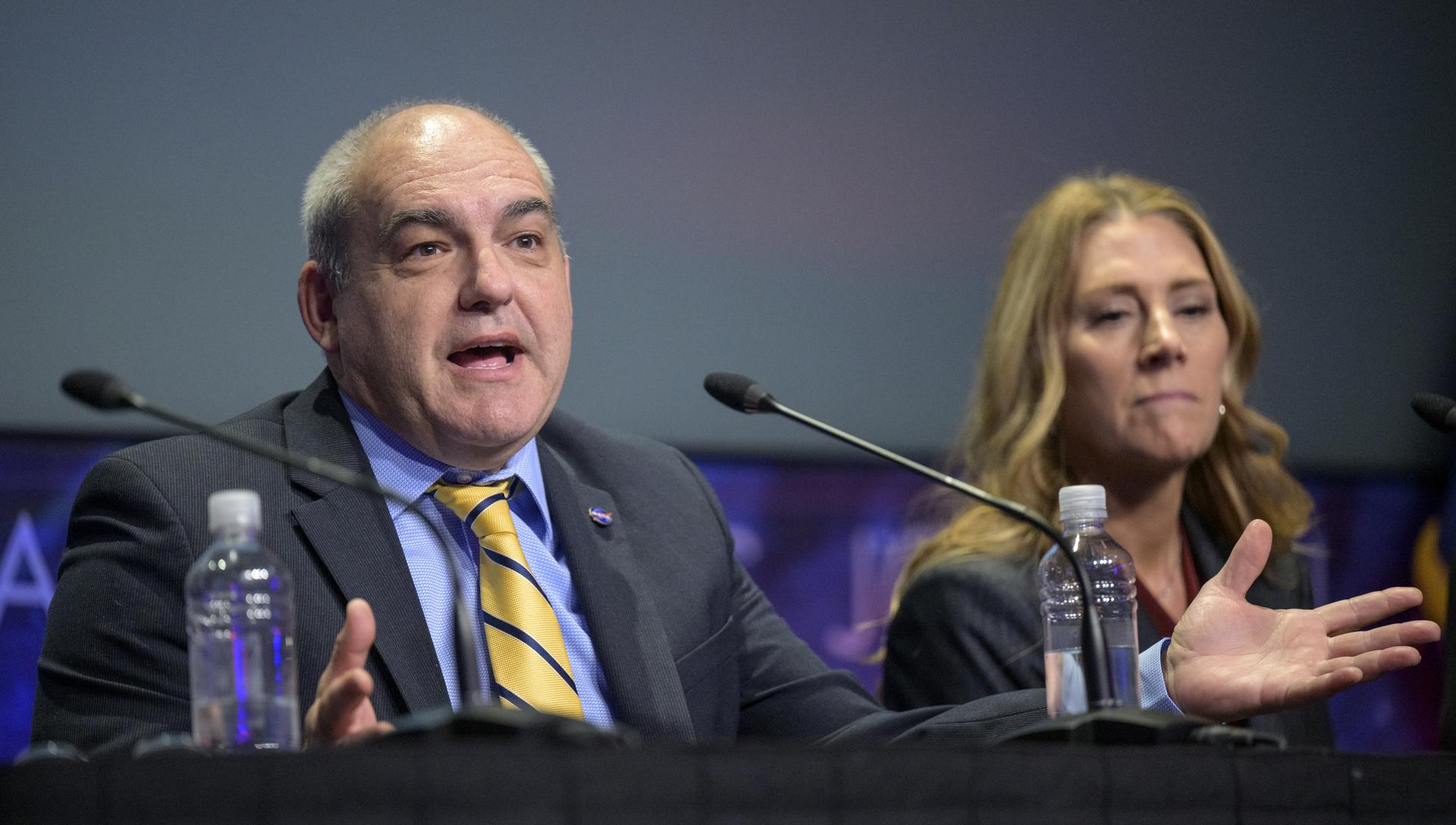NASA Moon Base Program Executive Carlos Garcia-Galan speaks during a press conference following an event where NASA outlined how the agency is executing President Donald J. Trump’s National Space Policy and accelerating preparations for America’s return to the surface of the Moon by 2028, Tuesday, March 24, 2026, at the Mary W. Jackson NASA Headquarters building in Washington. During the event NASA leadership provided updates on mission priorities, including sending the first astronauts to the lunar surface in more than 50 years, establishing the initial elements of a permanent lunar base, getting America underway in space on nuclear propulsion, and other objectives. Photo Credit: (NASA/Bill Ingalls)
