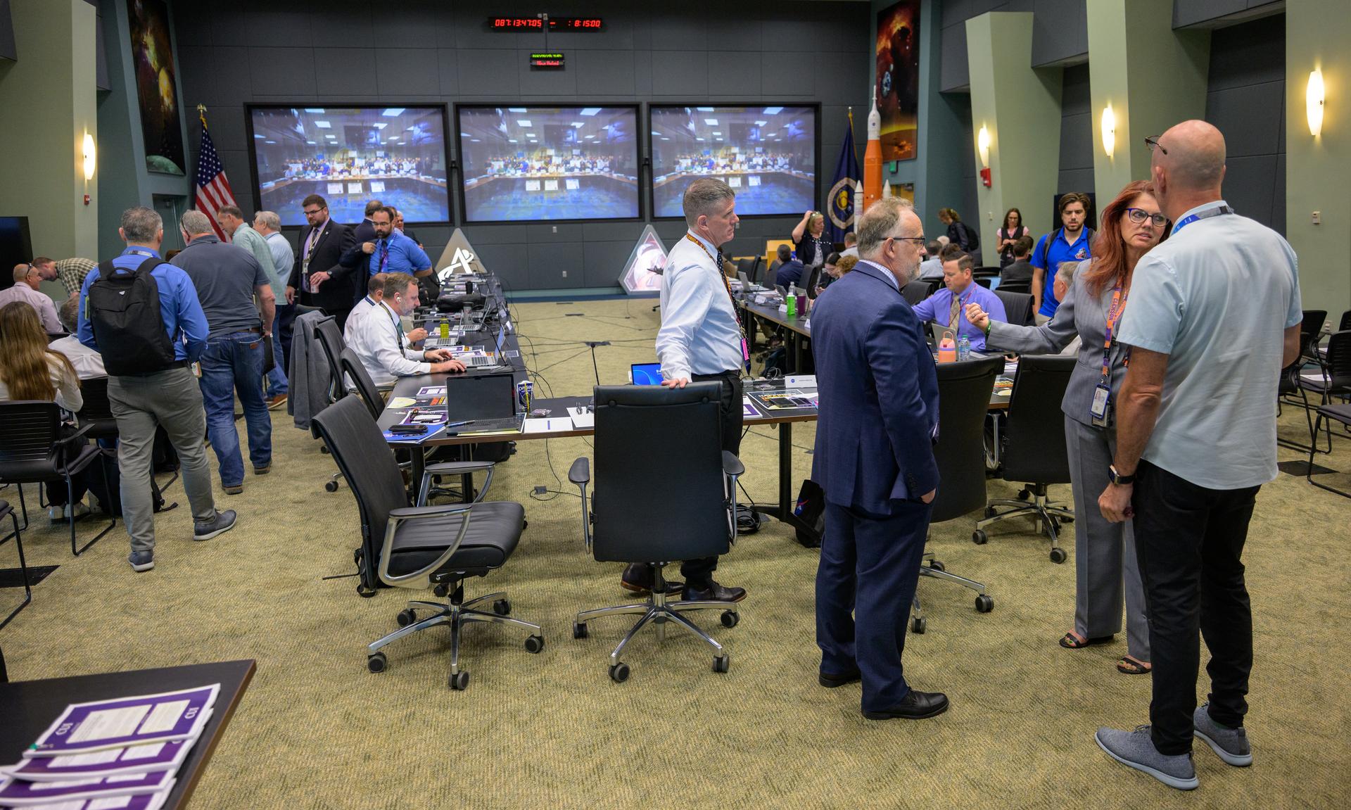 Teams at NASA’s Kennedy Space Center in Florida meet on Saturday, March 28, 2026, at the Operations Support Building II for the Artemis II launch countdown pre-test briefing. Photo Credit: (NASA/Bill Ingalls) NOTE - Portions of this image have been blurred for security reasons.