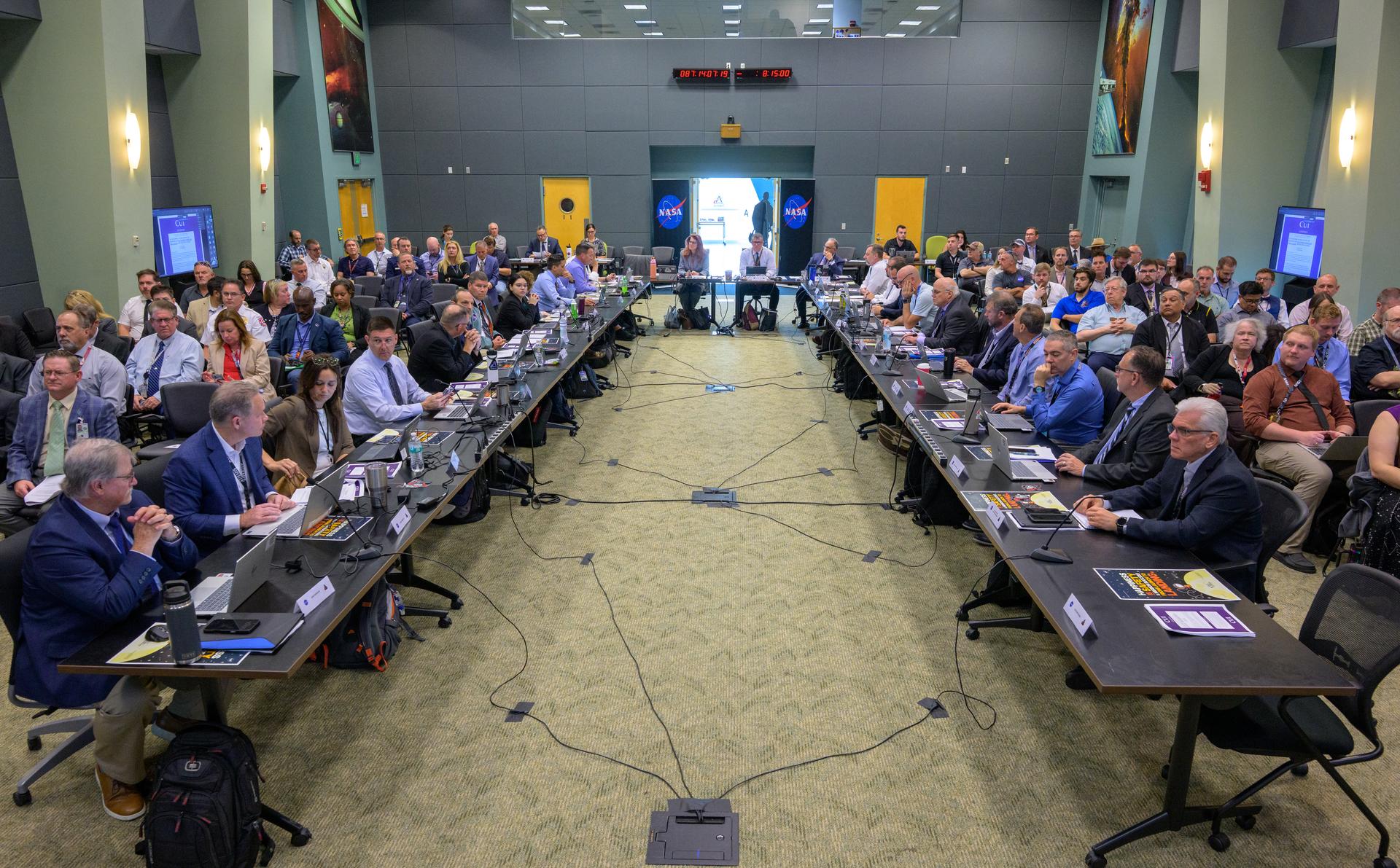 Teams at NASA’s Kennedy Space Center in Florida meet on Saturday, March 28, 2026, at the Operations Support Building II for the Artemis II launch countdown pre-test briefing. Photo Credit: (NASA/Bill Ingalls)