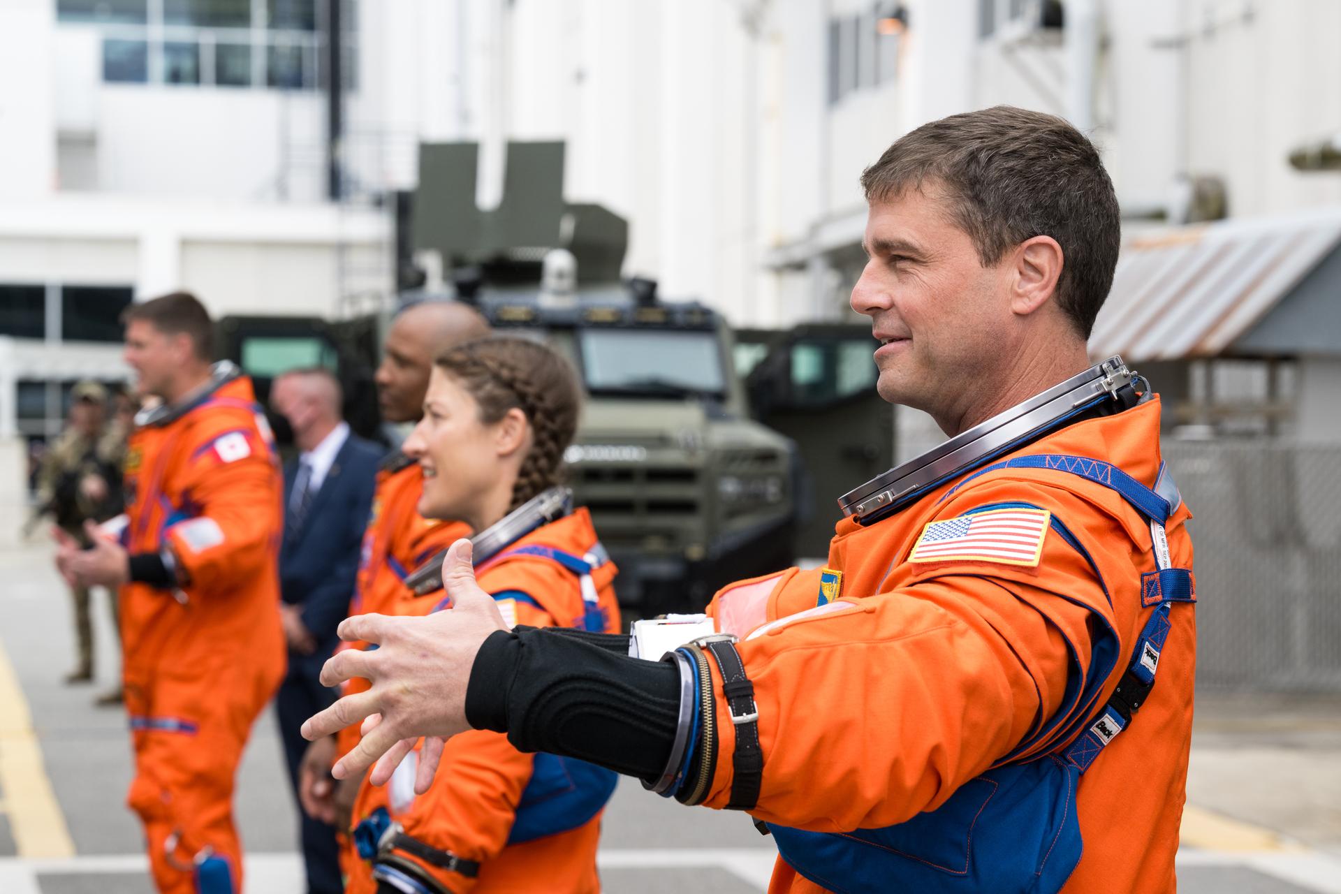 From right to left, NASA astronauts Reid Wiseman, commander; Christina Koch, mission specialist; Victor Glover, pilot; and CSA (Canadian Space Agency) astronaut Jeremy Hansen, mission specialist are seen as they depart the Neil A. Armstrong Operations and Checkout Building to board their Orion spacecraft atop NASA’s Space Launch System (SLS) rocket at Launch Complex 39B, Wednesday, April 1, 2026, at NASA’s Kennedy Space Center in Florida. NASA’s Artemis II mission will take Wiseman, Glover, Koch, and Hansen on a 10-day journey around the Moon and back aboard their Orion spacecraft from Launch Complex 39B,  with a two hour launch window opening at 6:24pm. Photo Credit: (NASA/Aubrey Gemignani)