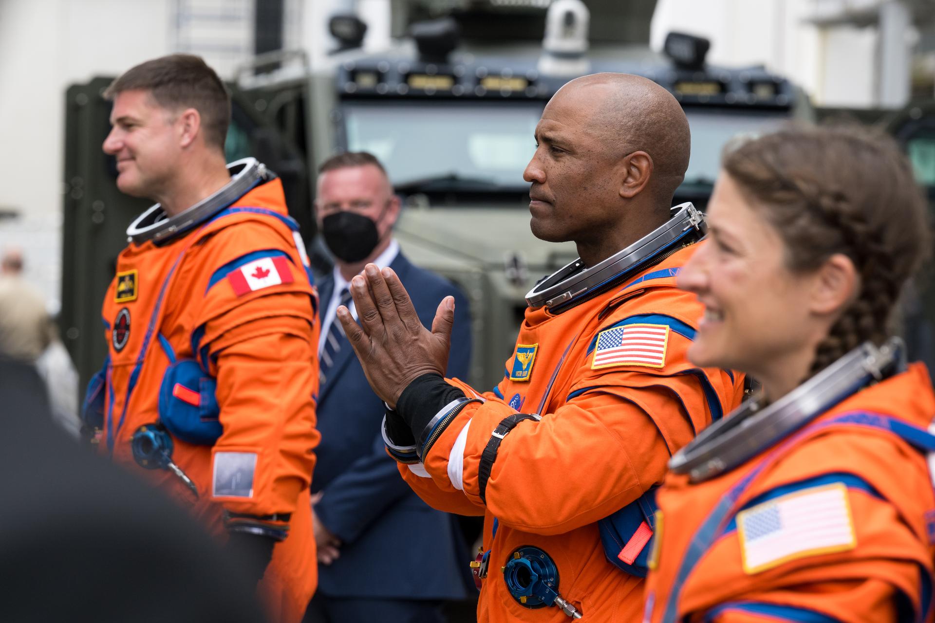 From right to left, NASA astronauts Reid Wiseman, commander (not pictured); Christina Koch, mission specialist; Victor Glover, pilot; and CSA (Canadian Space Agency) astronaut Jeremy Hansen, mission specialist are seen as they depart the Neil A. Armstrong Operations and Checkout Building to board their Orion spacecraft atop NASA’s Space Launch System (SLS) rocket at Launch Complex 39B, Wednesday, April 1, 2026, at NASA’s Kennedy Space Center in Florida. NASA’s Artemis II mission will take Wiseman, Glover, Koch, and Hansen on a 10-day journey around the Moon and back aboard their Orion spacecraft from Launch Complex 39B,  with a two hour launch window opening at 6:24pm. Photo Credit: (NASA/Aubrey Gemignani)