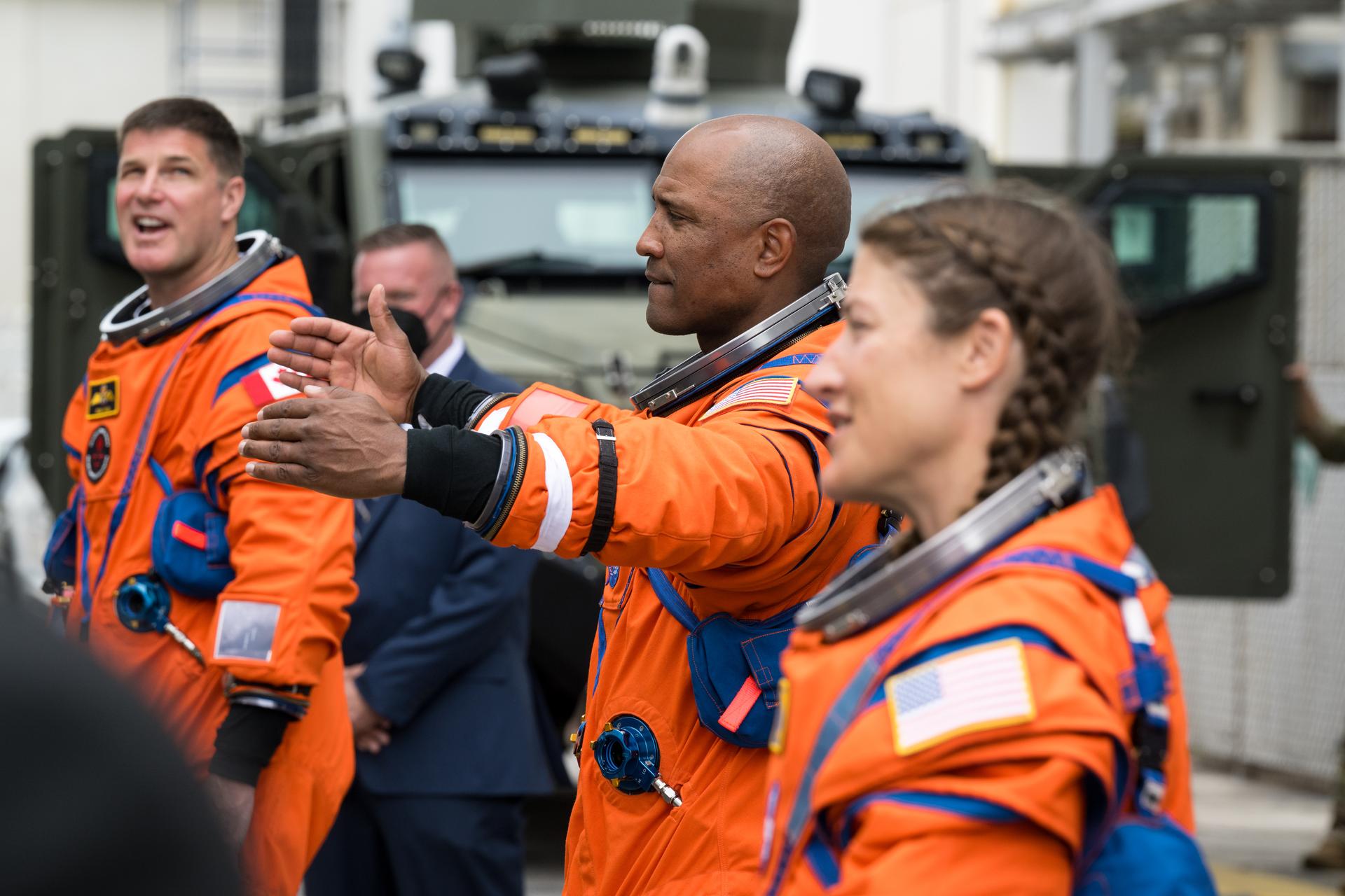 From right to left, NASA astronauts Reid Wiseman, commander (not pictured); Christina Koch, mission specialist; Victor Glover, pilot; and CSA (Canadian Space Agency) astronaut Jeremy Hansen, mission specialist are seen as they depart the Neil A. Armstrong Operations and Checkout Building to board their Orion spacecraft atop NASA’s Space Launch System (SLS) rocket at Launch Complex 39B, Wednesday, April 1, 2026, at NASA’s Kennedy Space Center in Florida. NASA’s Artemis II mission will take Wiseman, Glover, Koch, and Hansen on a 10-day journey around the Moon and back aboard their Orion spacecraft from Launch Complex 39B,  with a two hour launch window opening at 6:24pm. Photo Credit: (NASA/Aubrey Gemignani)