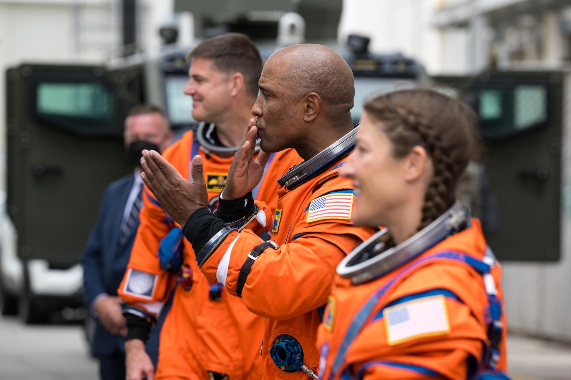 From right to left, NASA astronauts Reid Wiseman, commander (not pictured); Christina Koch, mission specialist; Victor Glover, pilot; and CSA (Canadian Space Agency) astronaut Jeremy Hansen, mission specialist are seen as they depart the Neil A. Armstrong Operations and Checkout Building to board their Orion spacecraft atop NASA’s Space Launch System (SLS) rocket at Launch Complex 39B, Wednesday, April 1, 2026, at NASA’s Kennedy Space Center in Florida. NASA’s Artemis II mission will take Wiseman, Glover, Koch, and Hansen on a 10-day journey around the Moon and back aboard their Orion spacecraft from Launch Complex 39B,  with a two hour launch window opening at 6:24pm. Photo Credit: (NASA/Aubrey Gemignani)