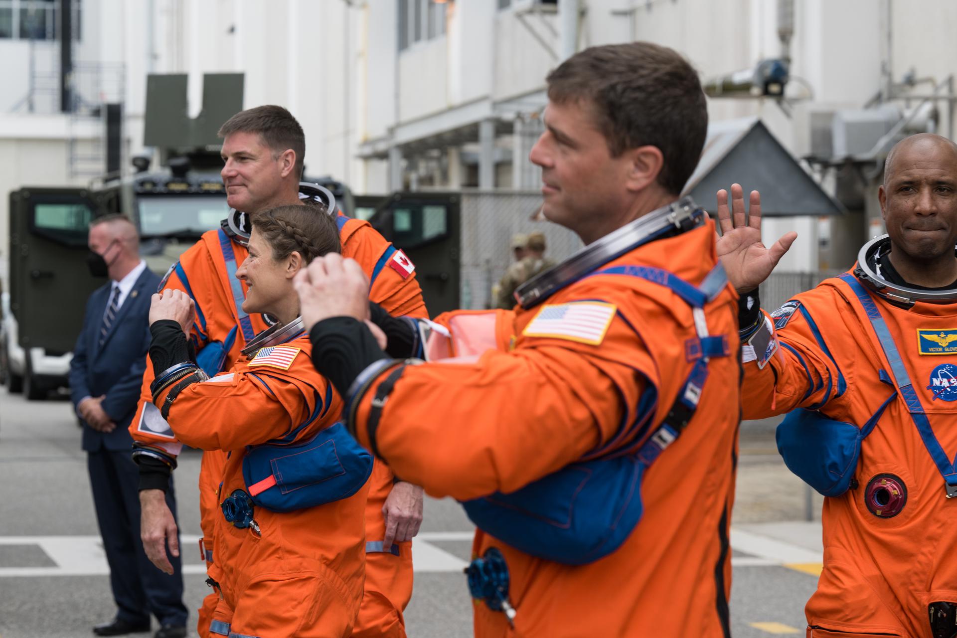 NASA astronauts Reid Wiseman, commander; Victor Glover, pilot; Christina Koch, mission specialist; and CSA (Canadian Space Agency) astronaut Jeremy Hansen, mission specialist are seen as they depart the Neil A. Armstrong Operations and Checkout Building to board their Orion spacecraft atop NASA’s Space Launch System (SLS) rocket at Launch Complex 39B, Wednesday, April 1, 2026, at NASA’s Kennedy Space Center in Florida. NASA’s Artemis II mission will take Wiseman, Glover, Koch, and Hansen on a 10-day journey around the Moon and back aboard their Orion spacecraft from Launch Complex 39B,  with a two hour launch window opening at 6:24pm. Photo Credit: (NASA/Aubrey Gemignani)